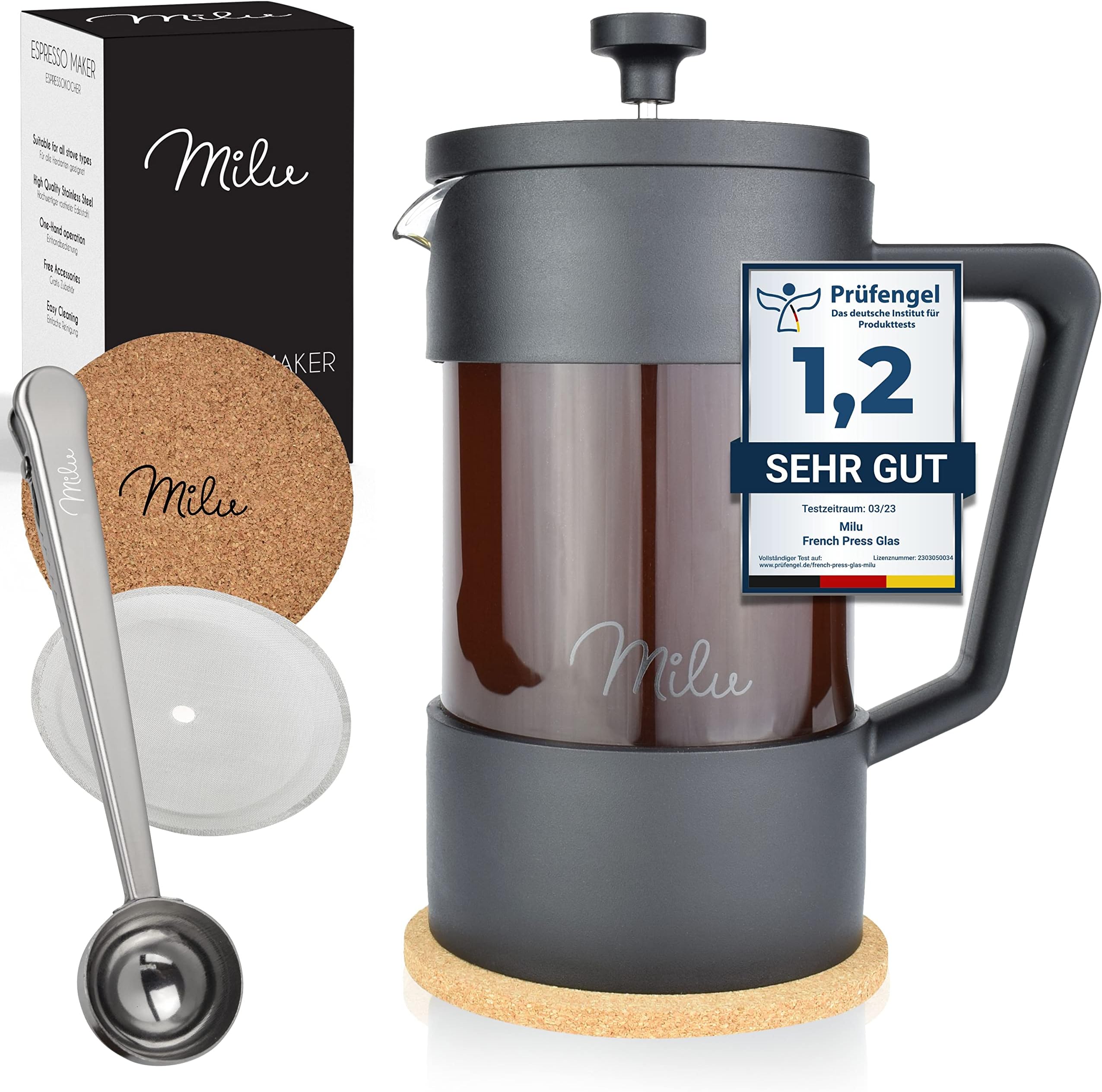 Milu French Press Kaffeebereiter 350ml, 600ml, 1L Glas Kaffeepresse