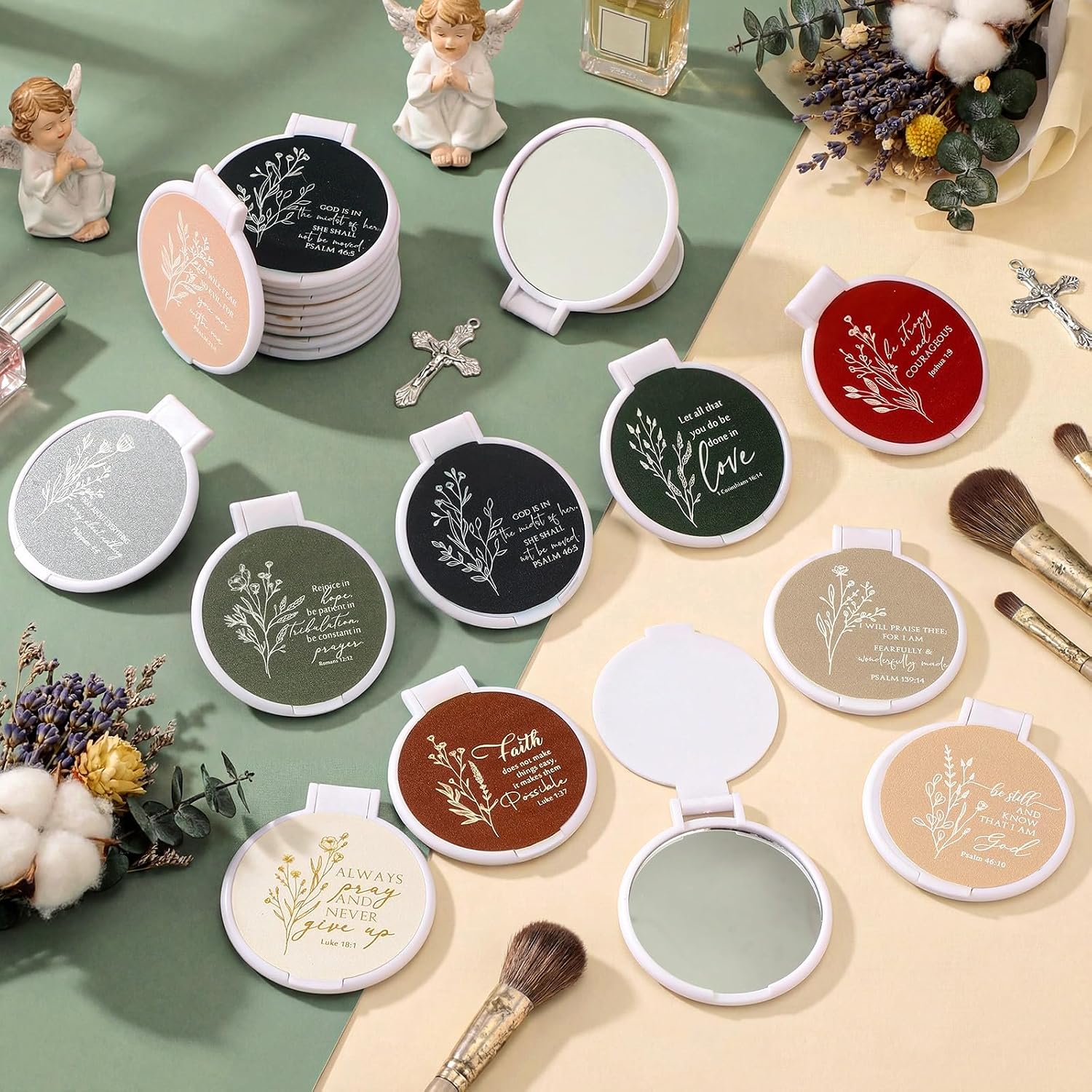 Roowest 30 Pcs Christian Mini Compact Mirrors for Women Boho Floral Small Portable Pocket Religious Mirrors with Inspirational Bible Verse Scripture for Baptism Church(Classic, English Bible Version)