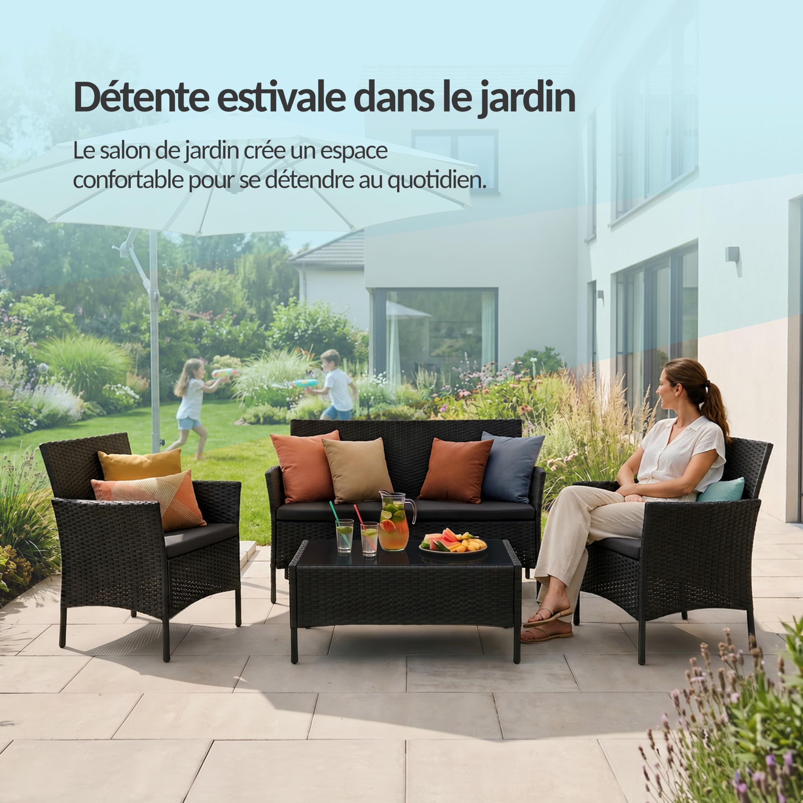 POKAR Salon de Jardin Rotin Gris avec Coussins Assise et Dossier Beige