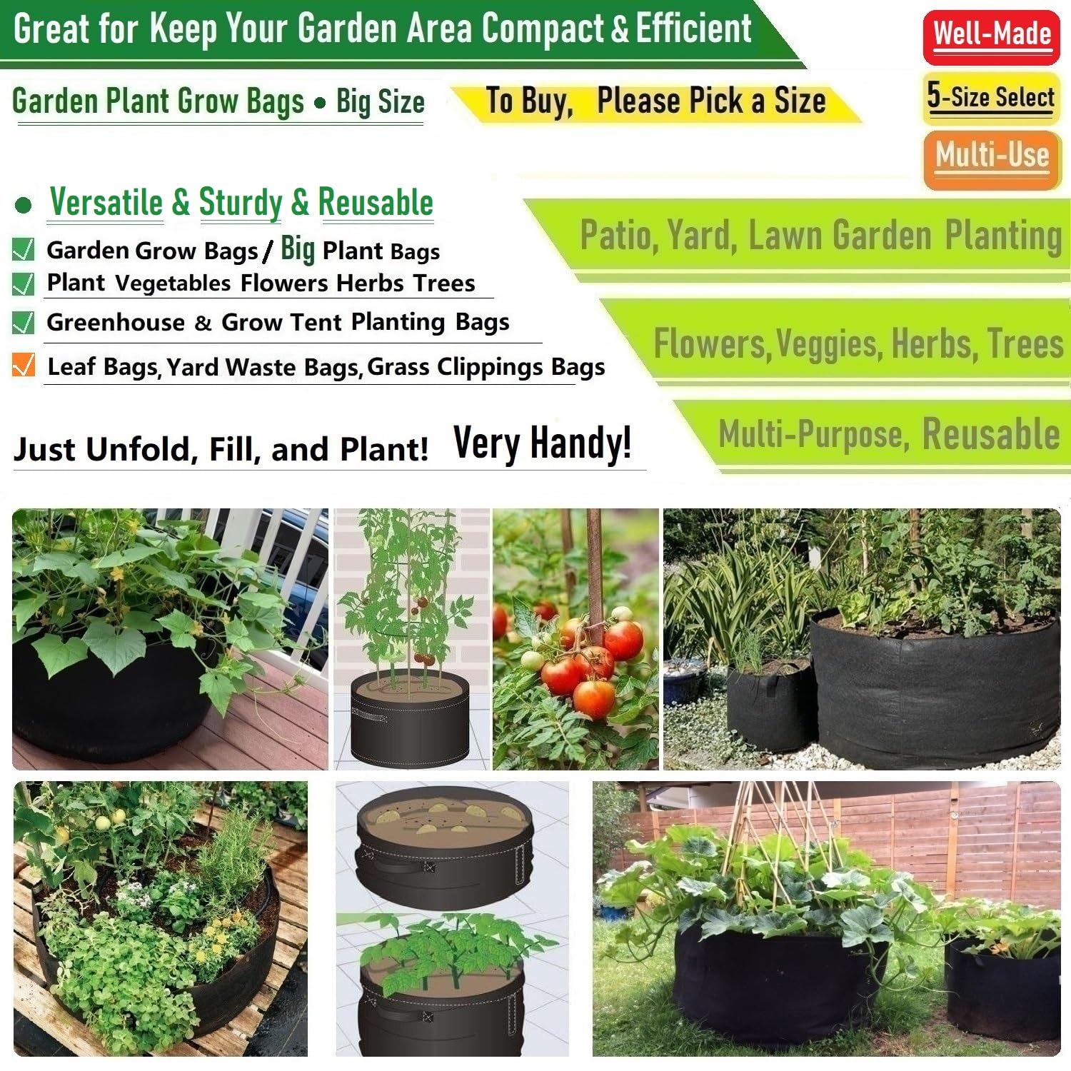 Paquete de 3 bolsas de cultivo gruesas de 20 galones grandes (22 x 12 pulgadas), bolsas de jardín resistentes para plantas de tomate, maceta de patatas, macetas, plantas de hierbas, verduras, maceta