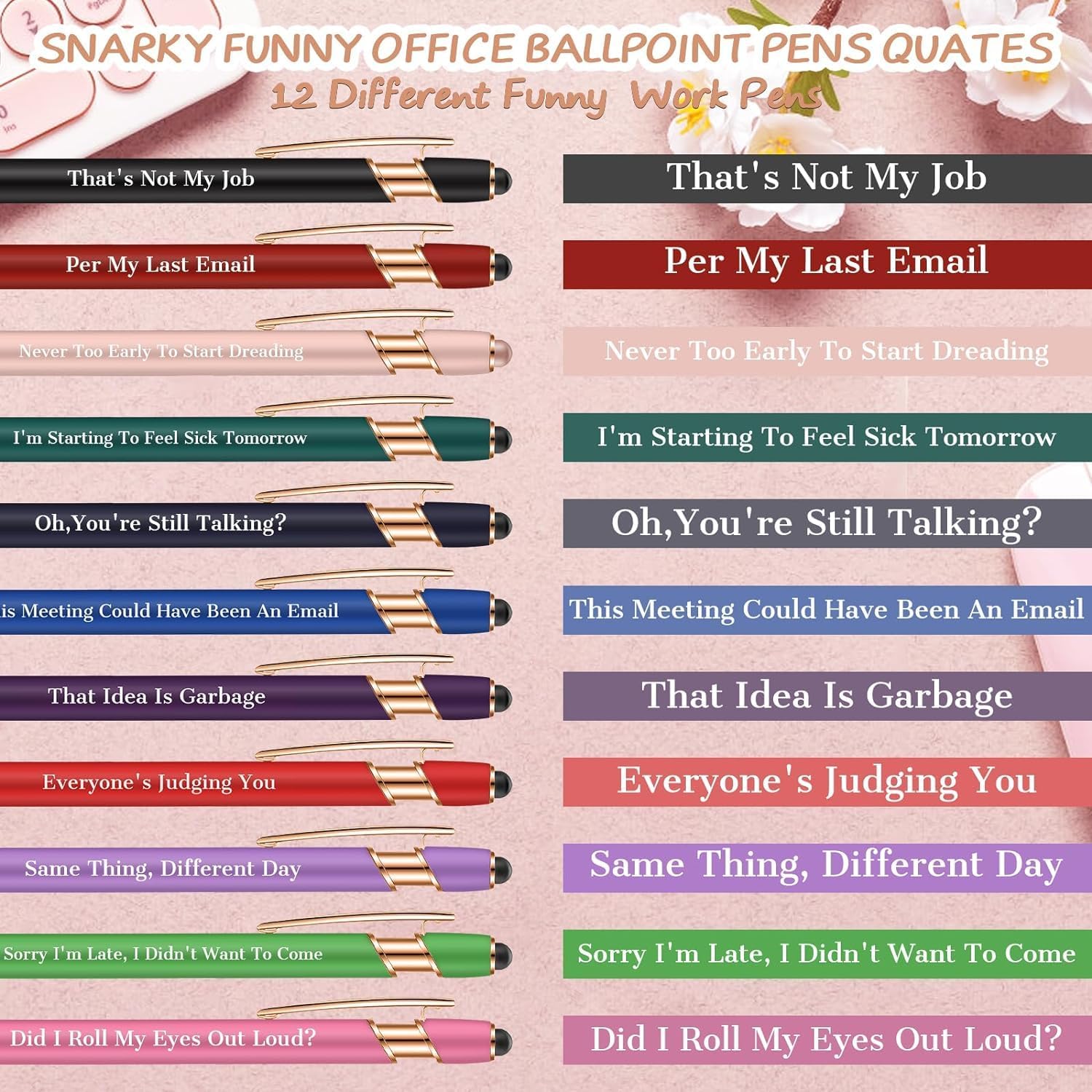 Snarky Funny Office Pens,36 Pcs Negative Sarcastic Hilarious Quotes Work Ballpoint Pens with Stylus Tip for Colleague Co-workers Gift Black Ink (Style 1, 36)