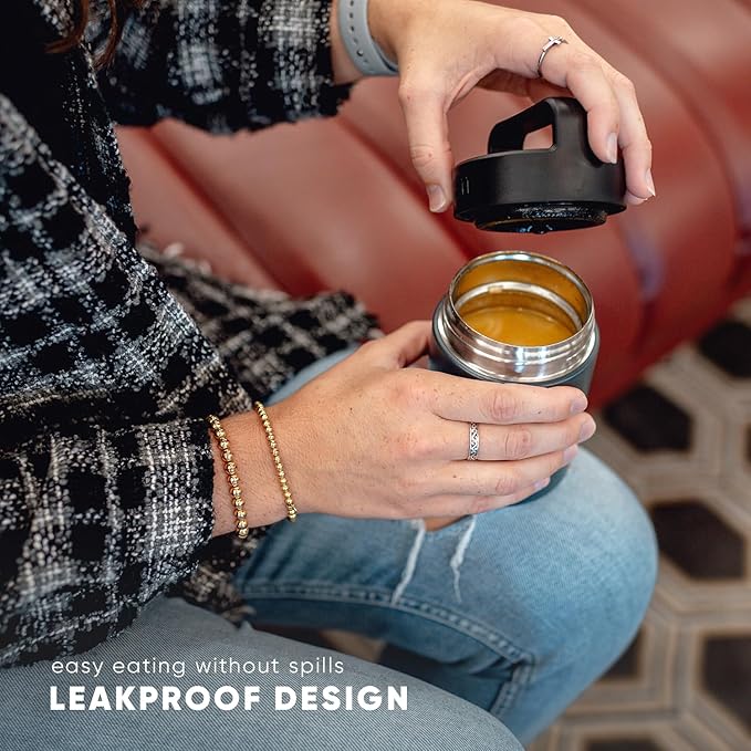 The container features a leakproof, wide mouth design, making it easy to eat directly from the container without any mess or spills. Crafted from durable 18/8 stainless steel, this high-quality material not only ensures longevity and resilience but also preserves the taste and freshness of your meals. The sleek construction is both stylish and practical, providing a reliable companion for your daily culinary adventures.