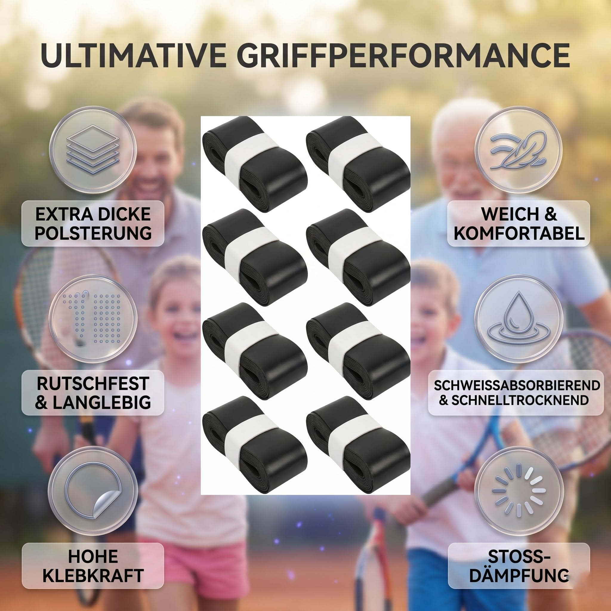 8er Set Griffband Tennisschläger Overgrip, Anti-Rutsch PU Griffband – Schweißabsorbierend, Komfortgriff für Tennis Badminton Golfstange Squash Schläger