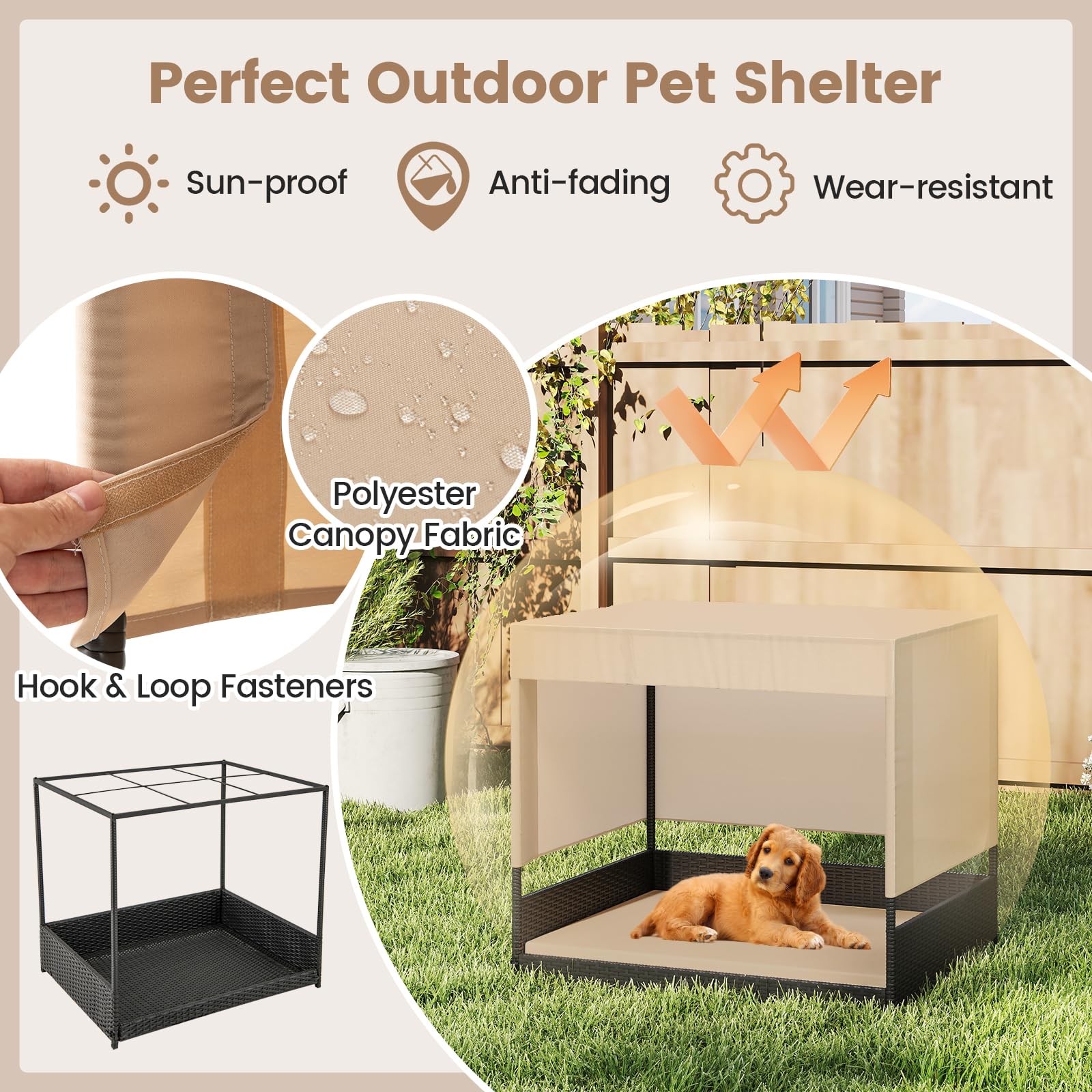 GYMAX Cuccia in vimini per cani di piccola e media taglia, divano letto rialzato in rattan con cuscino rimovibile, tetto a baldacchino e pavimento rialzato, riparo per cuccioli per interni ed esterni