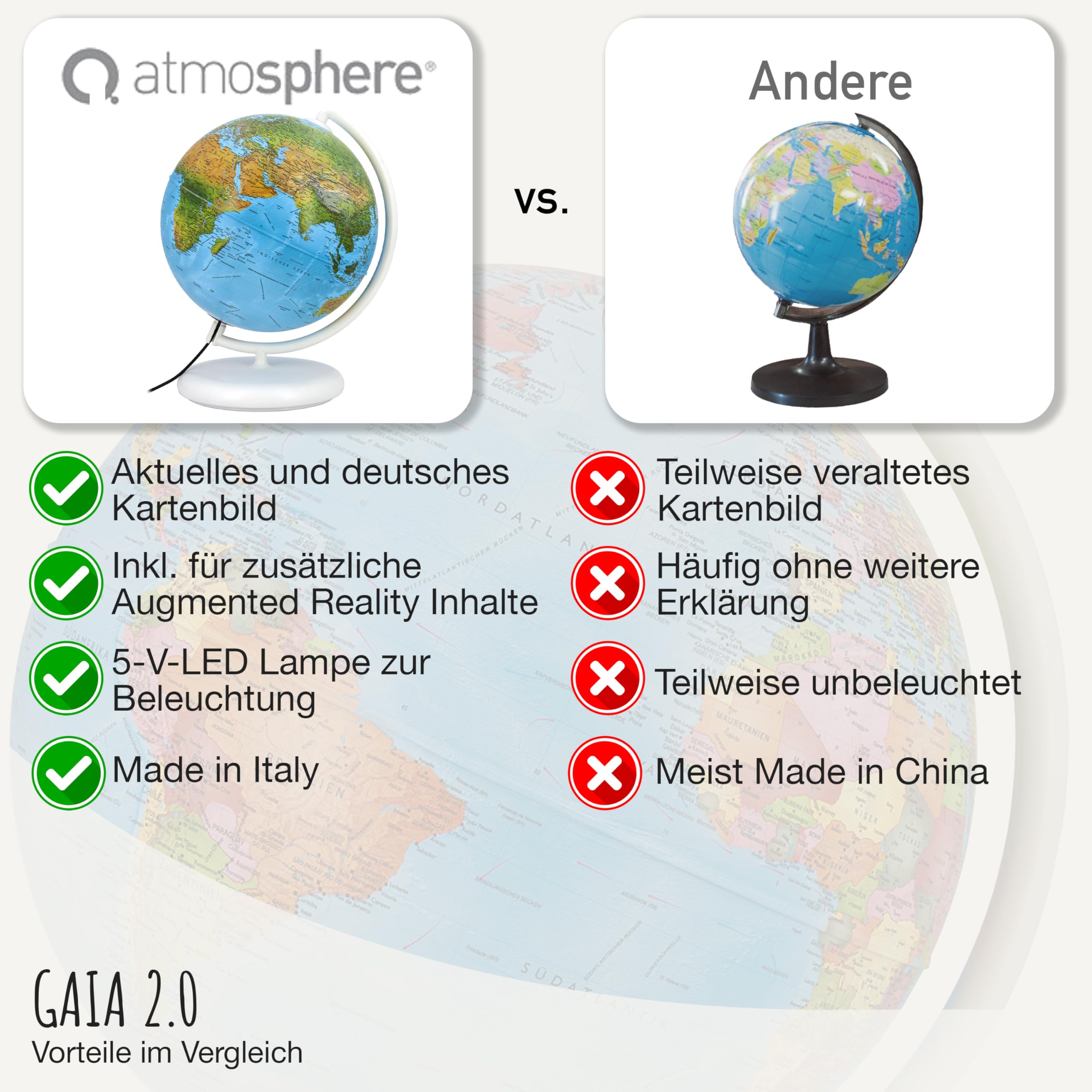 Gaia 2.0 - interaktiver 25 cm Globus mit aktueller Augmented Reality App, Leuchtglobus mit deutscher, physisch/politischer Doppelbild-Kartografie