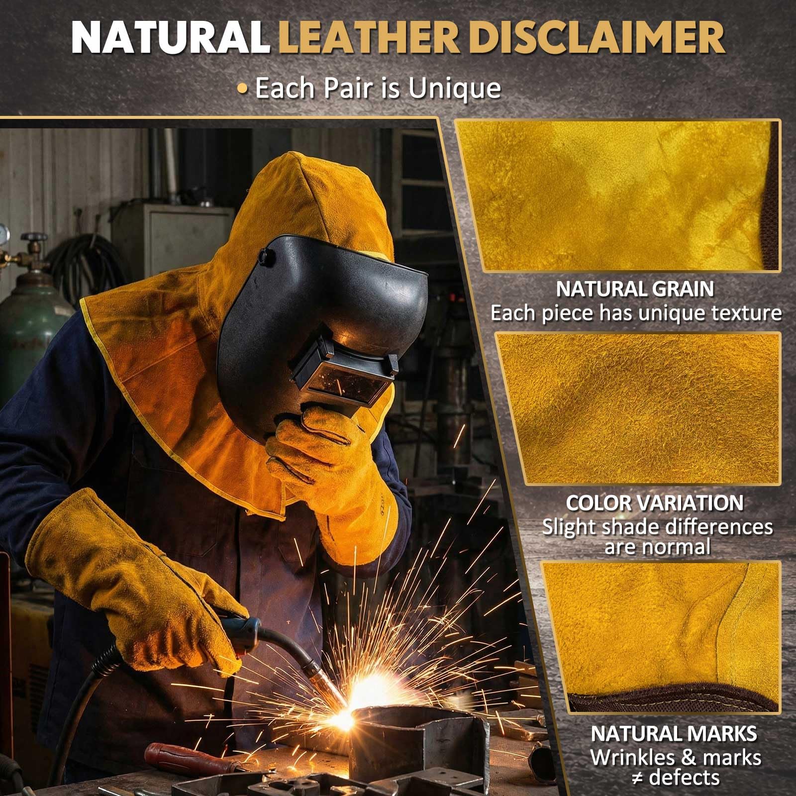 Tellegloww Capucha y guantes de soldadura de cuero, protector de cuero vacuno con cubierta de hombro para cuello, protege contra chispas y evita quemaduras