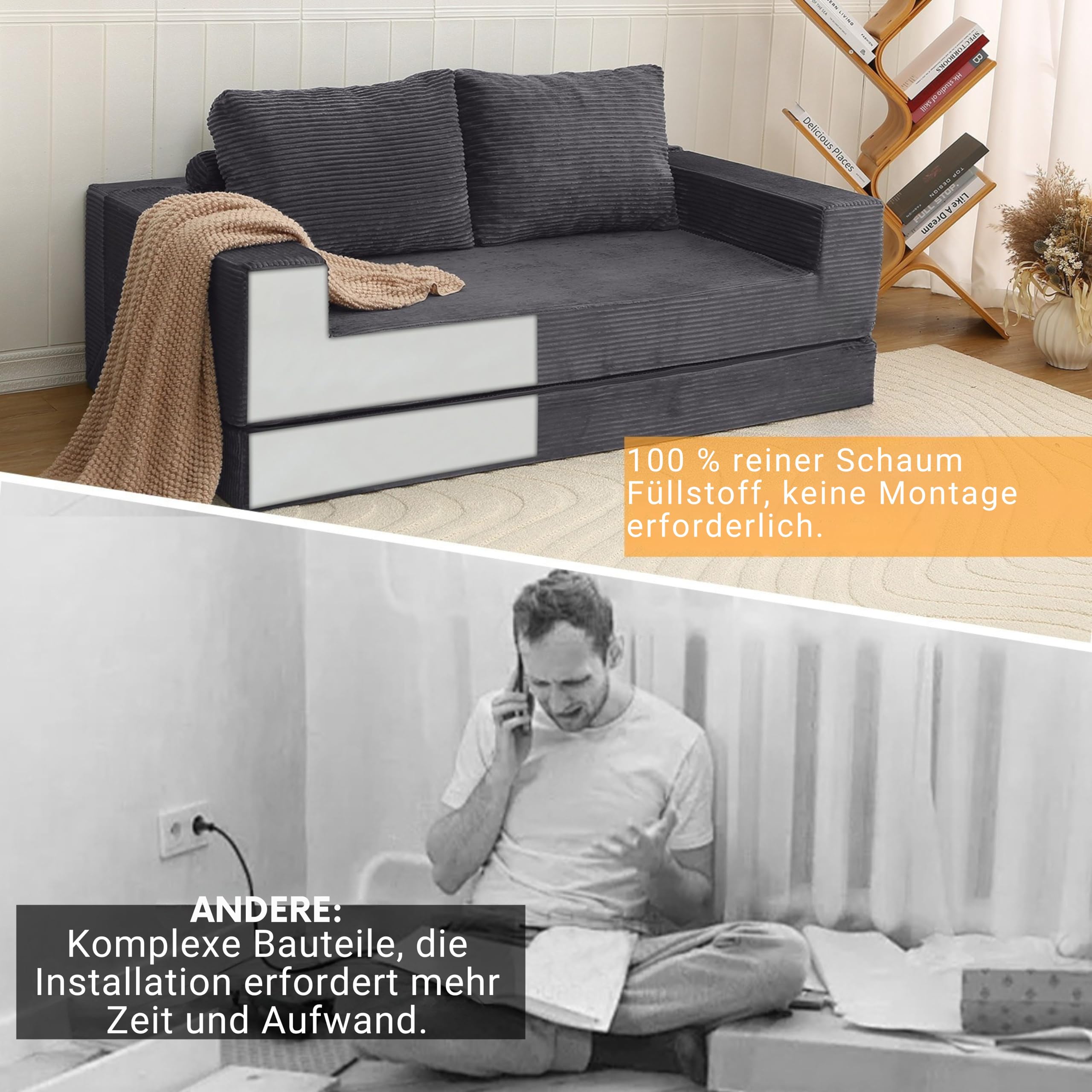 MeMoreCool Boneless Couch, Cord Faltbares Bodensofa mit Kissen, Ausziehbares Futon Schlafsofa, Bequemes Lounge-Sofa/Matratze/Gästebett für Wohnzimmer und Schlafzimmer, Grau