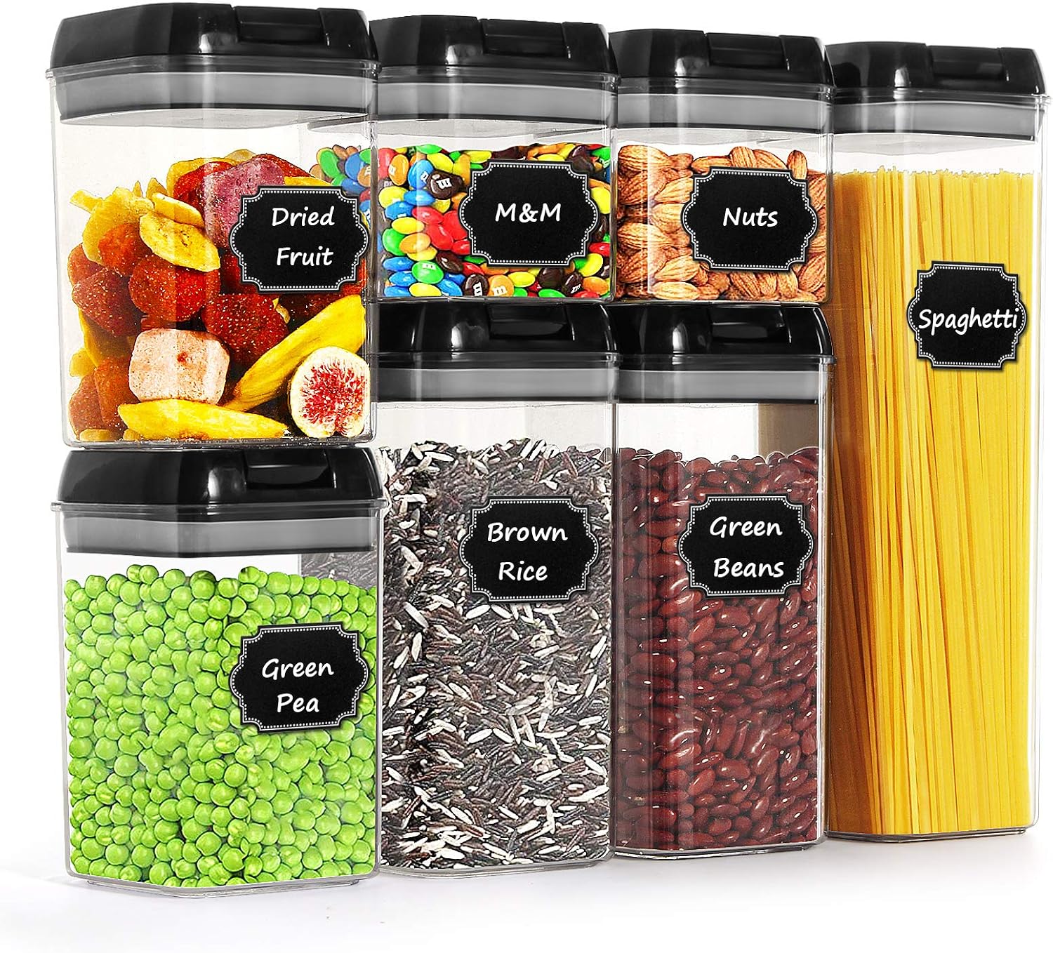 Paincco Airtight Food Storage Containers, BPA Free Black Cereal Storage Containers Set of 7 for Kitchen Pantry Organization, with 20 Labels & 1 Marker