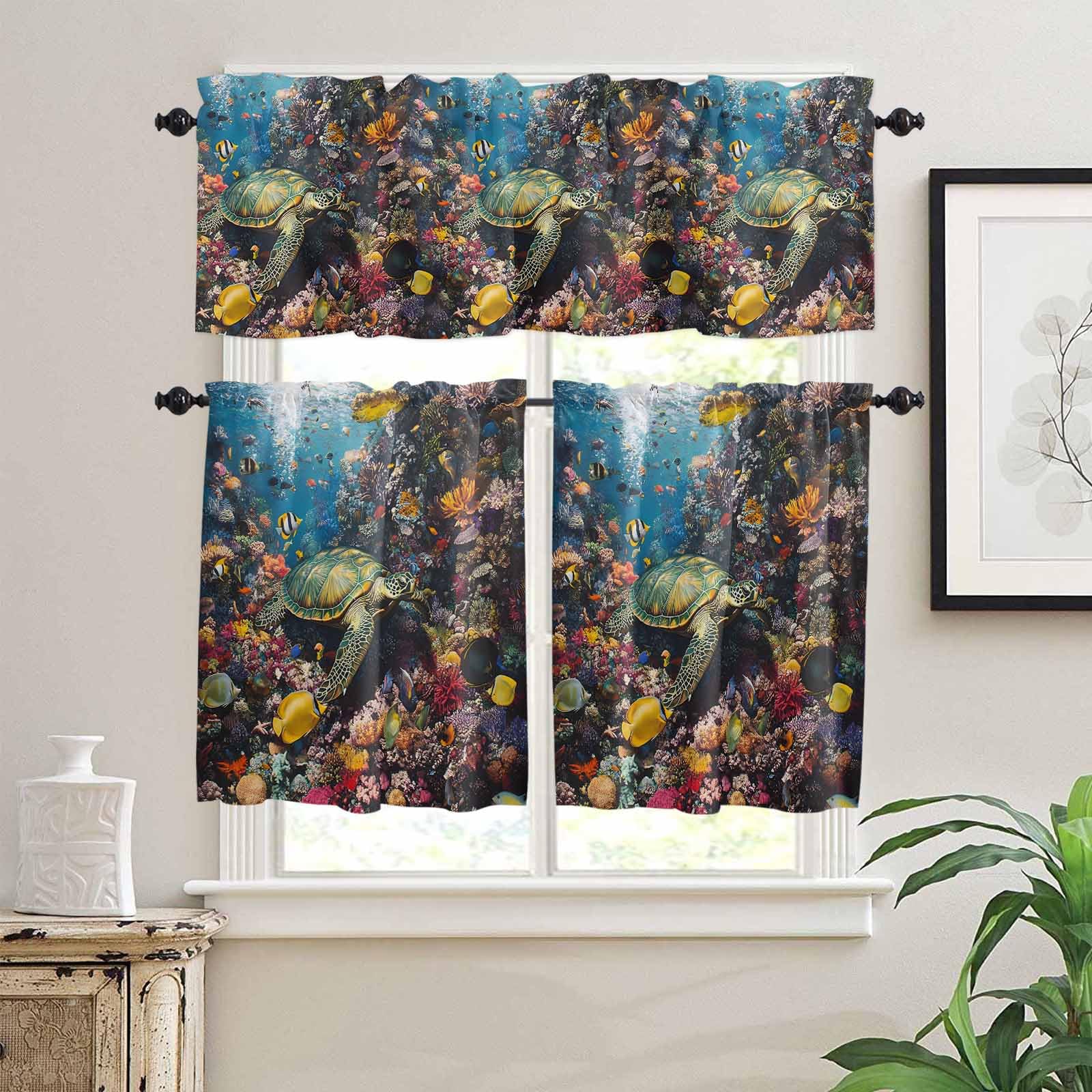 Summer Turtle Kitchen Curtains 36 Inch Length,3 Piece Rod Pocket Small Half Tiers and Valance Set,Beach Ocean Coral Colorful Tropical Fish Small Large Window Treatment Decor for Bedroom/Bathroom Sink