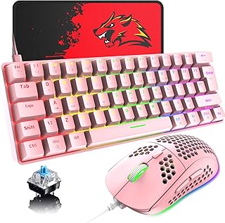 T60 UK Layout 60% Mechanical Keyboard and Mouse Set, Compact 62 Keys Mini Wired Gaming Keyboard 19 Rainbow Backlit + 6400DPI RGB Ultra-Light PC Gaming Mice + Mouse Pad For Laptop/MAC-Pink/Blue Switch