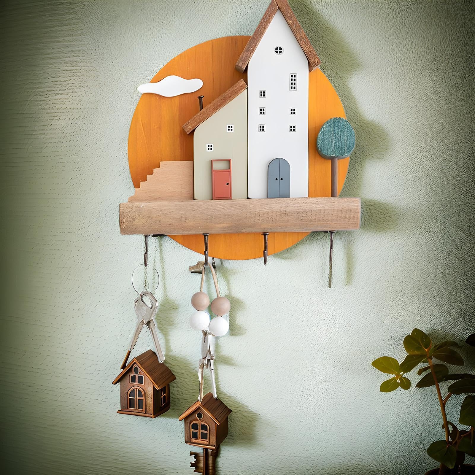 Generisch Porta chiavi montato a parete, grande scaffale portaoggetti da | 20 cm per ingresso, gancio multiuso per l'organizer con 4 ganci, decorativo per chiavi, occhiali
