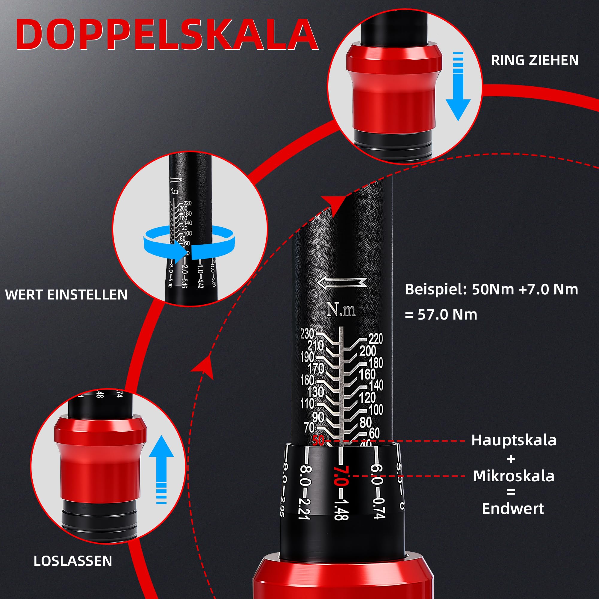 Drehmomentschlüssel 1/2", 20-230Nm für Auto/Motorrad, 3-teilig Set
