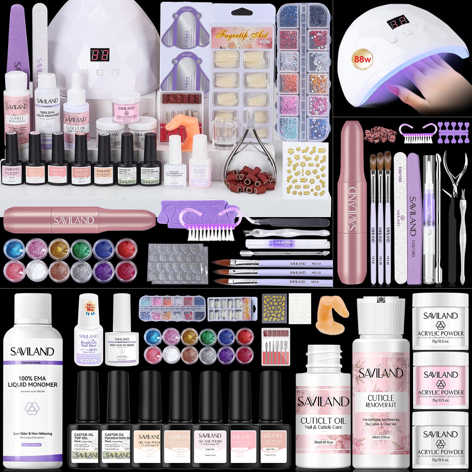 SAVILAND Essentials Acrylic Nail Kit For Beginners: Ultimate All-In-1 Acrylic Set with EMA Monomer Practice Finger Nail Drill U V Light Full Tools For Women Gift