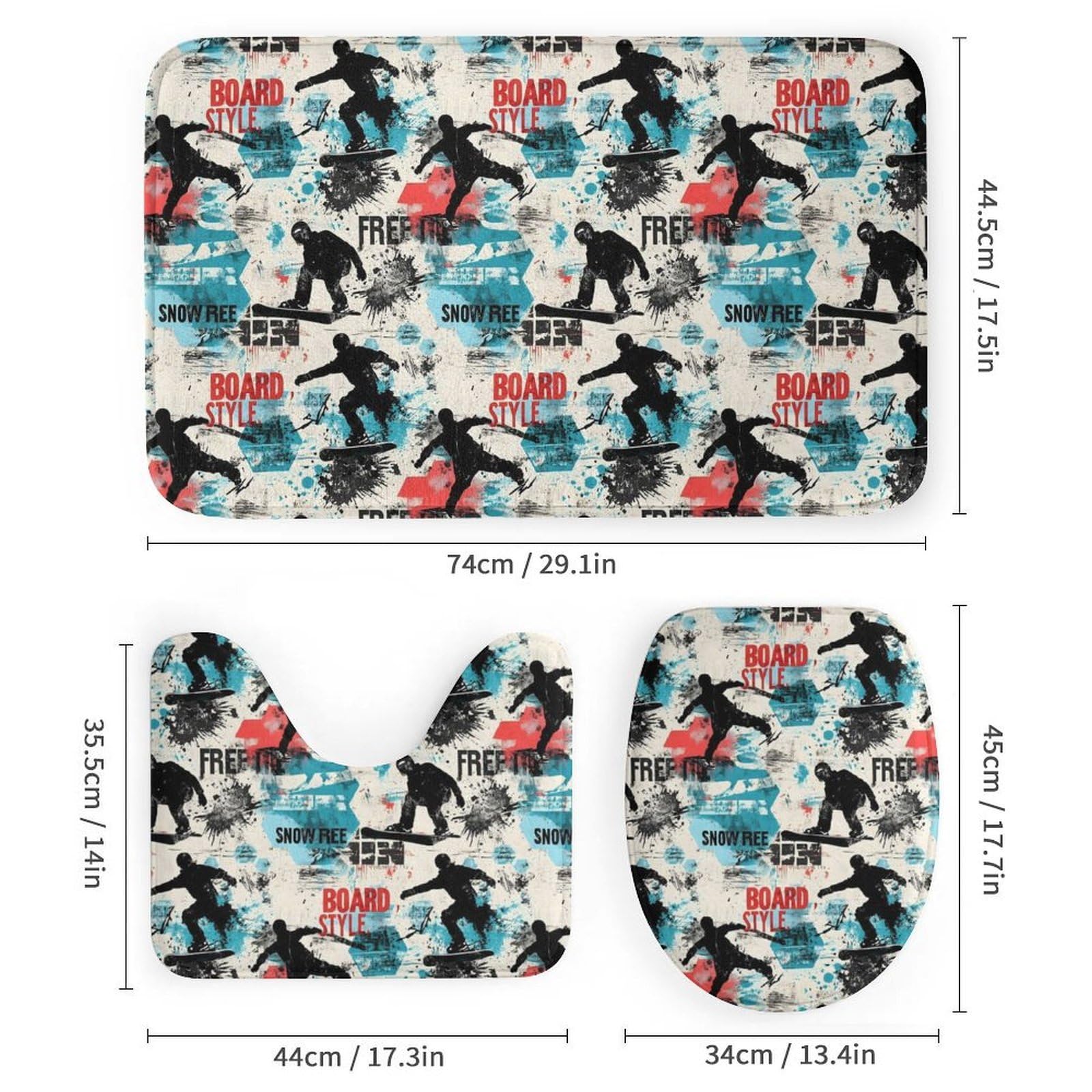 Ensemble de 4 pièces de salle de bain avec rideau de douche et tapis – Motif graffiti de ski moderne imprimé tapis de salle de bain Accessoires de décoration pour couvercle de toilette en forme de U