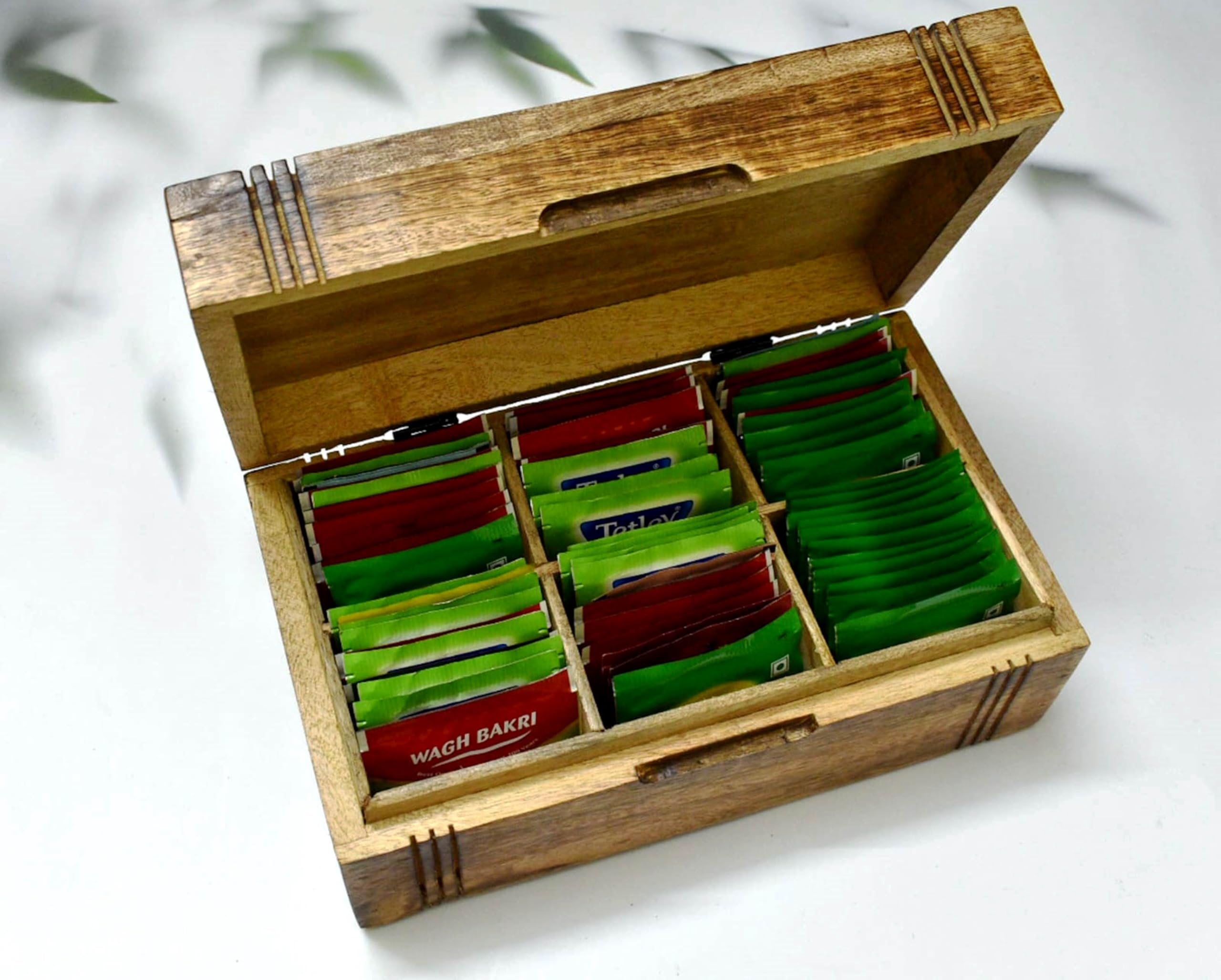 Teebox aus Holz – Teebox für Teebeutel Organizer – Gravierte Teetruhe aus Hartholz mit 6 Fächern – Tee-Aufbewahrungsbox Multifunktional – Holz Teebox Organizer – 25,4 x 15,2 cm (6 Fächer)