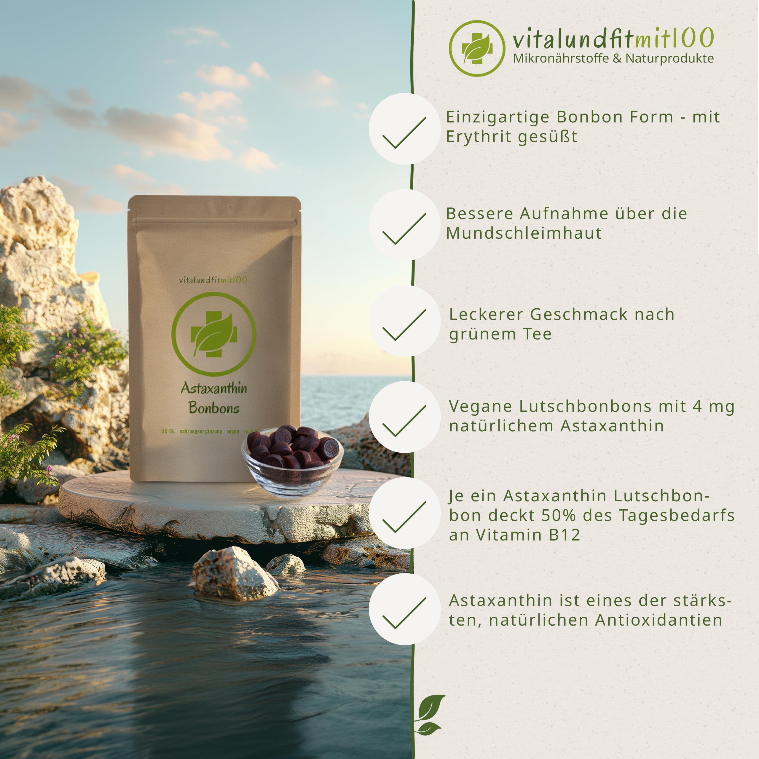 vitalundfitmit100 Astaxanthin Bonbons 90 Stk. – Vegan – Mit Vitamin B12 – Grünteegeschmack