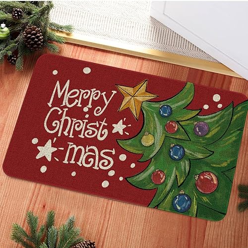 Miniatura 7 de Tapete de puerta de Navidad con diseño de árboles verdes de Navidad, alfombra roja de temporada de arpillera para patio, patio, rústico, de perfil