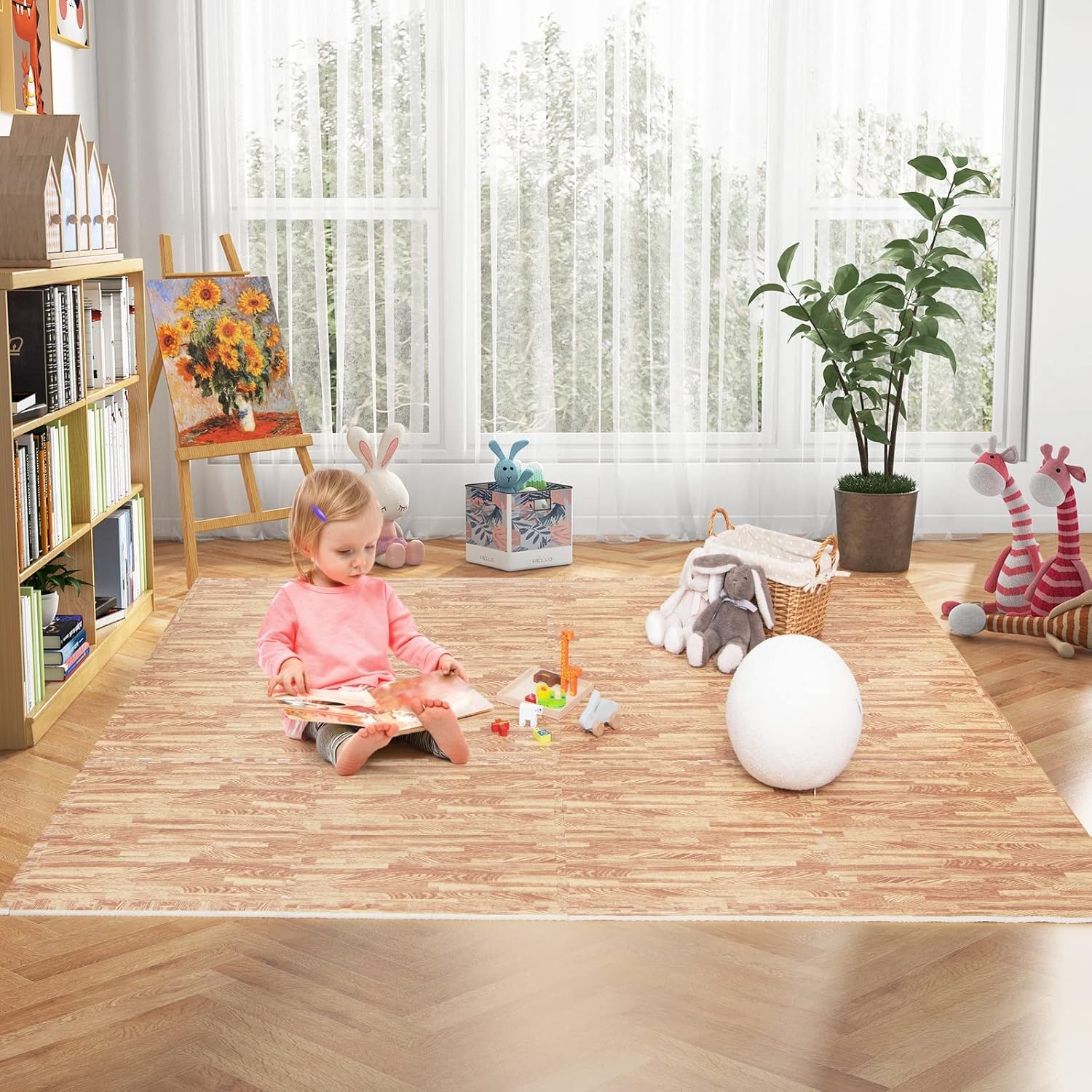 GOPLUS Tapis de Protection Fitness Puzzle en Mousse EVA, Tapis de Sport de Sol 12 Dalles Effect Bois, 61x61CM, Tapis Matelas Épais Antidérapant Couvre 4,5m² pour Gym, Salle de Sport, Garage, Piscine