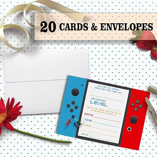 Miniatura 2 de Tarjetas de invitación de fiesta de videojuegos, invitación a fiesta de cumpleaños, celebración de fiesta de cumpleaños, 20 tarjetas con 20 sobres -