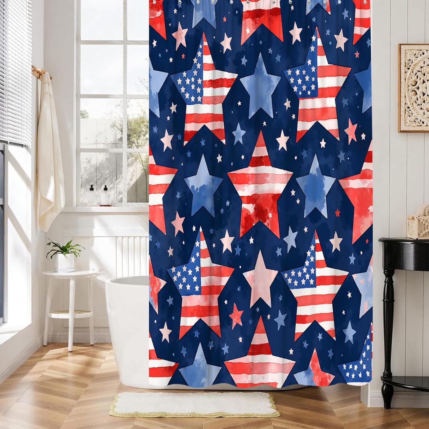 4th of July USA Flag Shower Curtain Independence Patriotic Day Red Blue Star Extra Long Bathroom Home Curtain with Hooks,70x84 Inch