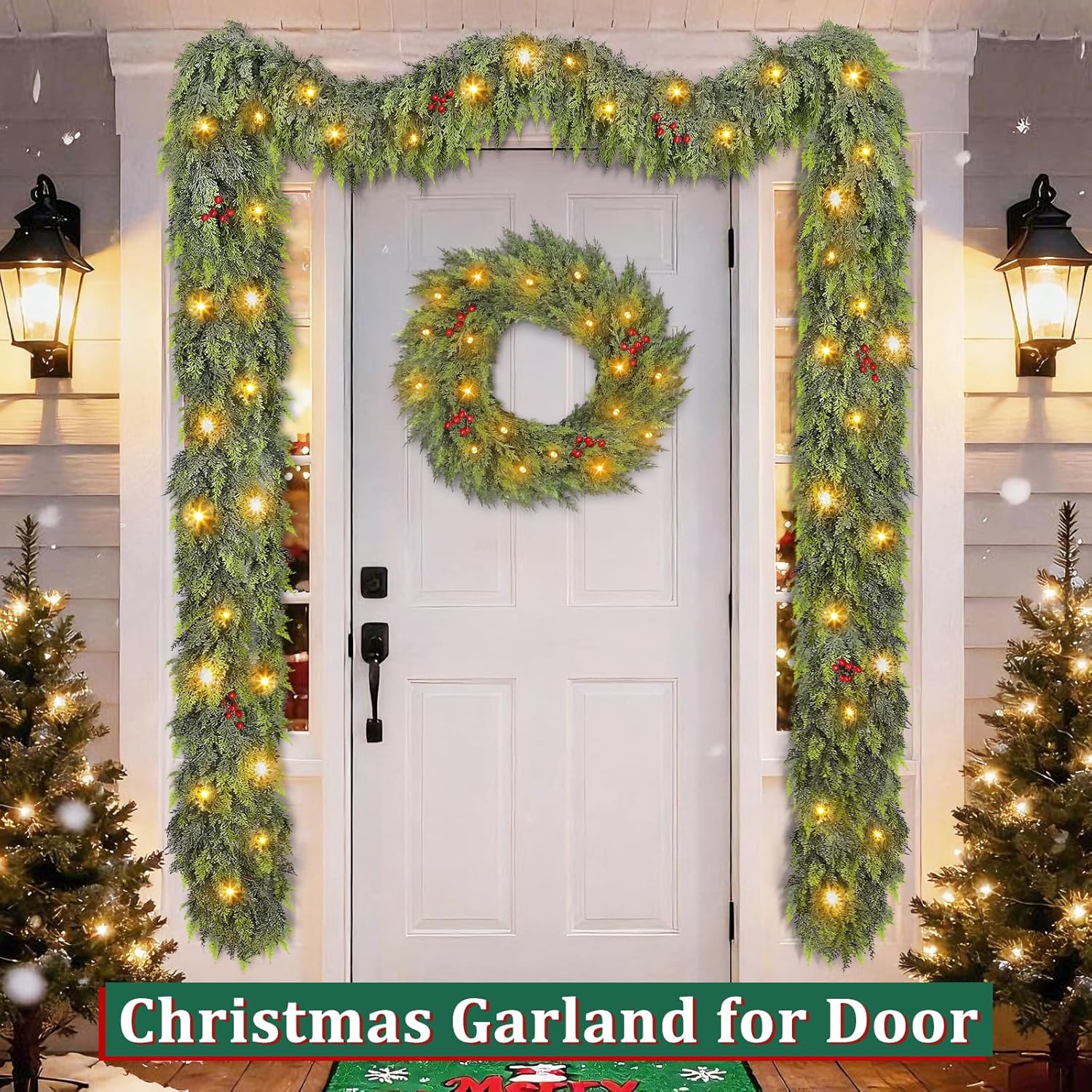 Thicker&Timer - 6 Ft by 12 Inch Real Touch Cedar Garland with Lights Realistic Soft Thickness Christmas Garland, Lighted Faux Pine Garlands Cypress Garlands for Fireplace Mantle Table Indoor Outdoor