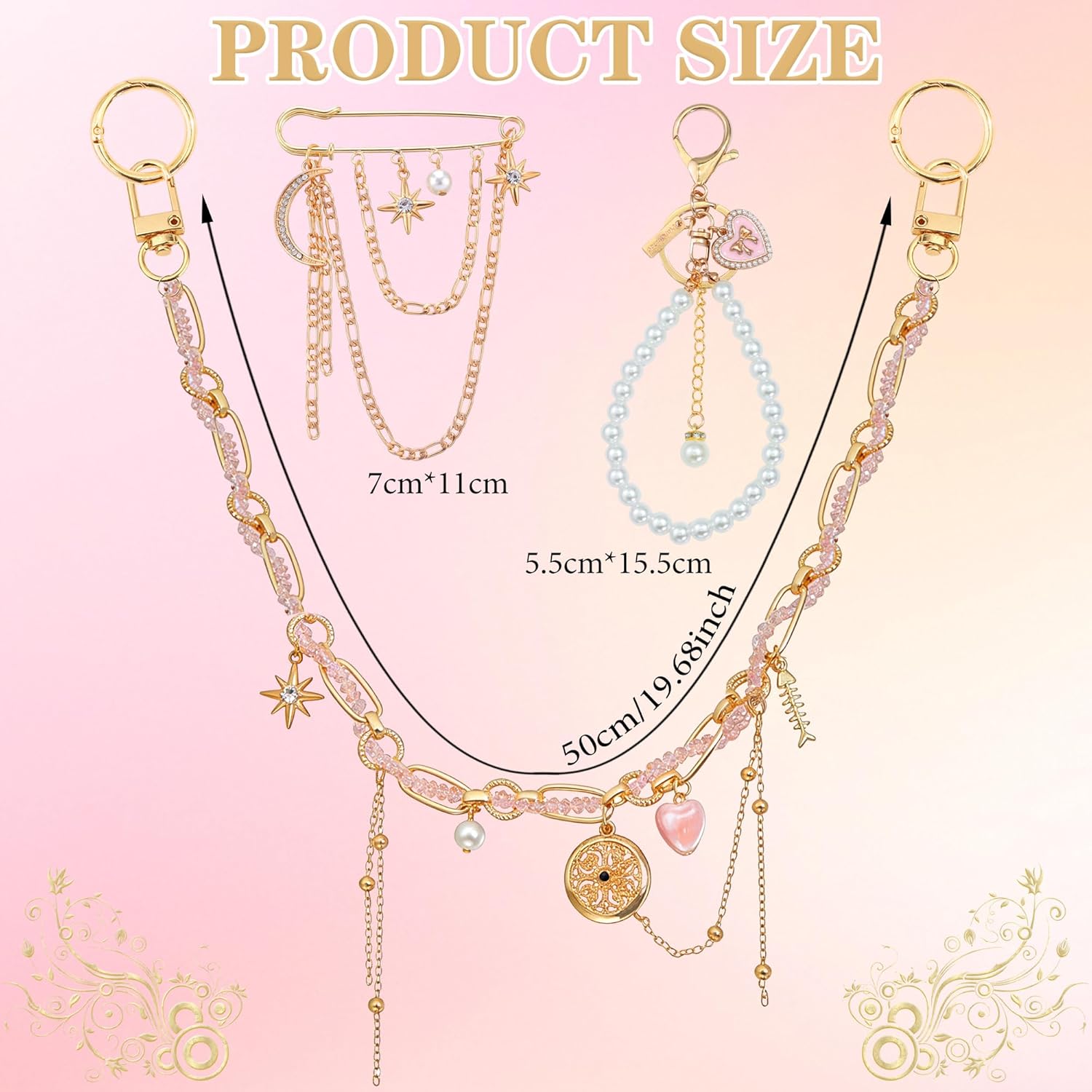BELICEY Gold Purse Charms Chain Pink Heart Purse Chains for Handbags Elegant Keychain Star Charm Safety Pin Bag Accessories Strap Extender for Wallet Crossbody Shoulder Bags - Image 4