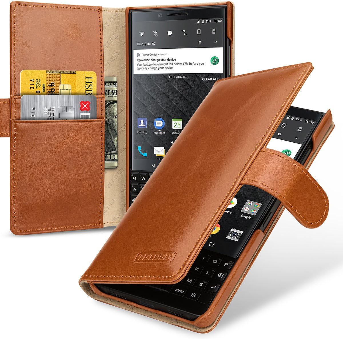 Premium Leather Case for BlackBerry KEY2 BBF100-1 BBF100-2 BBF100-4 BBF100-6 Dual SIM, Gerzat, Book Type (Vintage Brown)