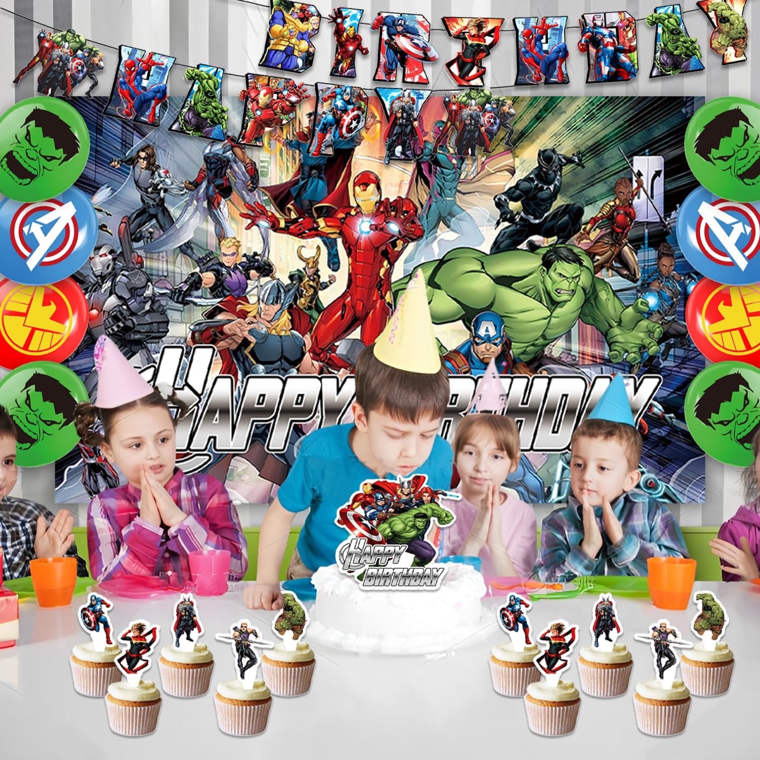 42Pcs Avengers Party Supplies Pack Includes，Banner，Cake Topper，Blackdrop,Balloons for Superhero party Decoration