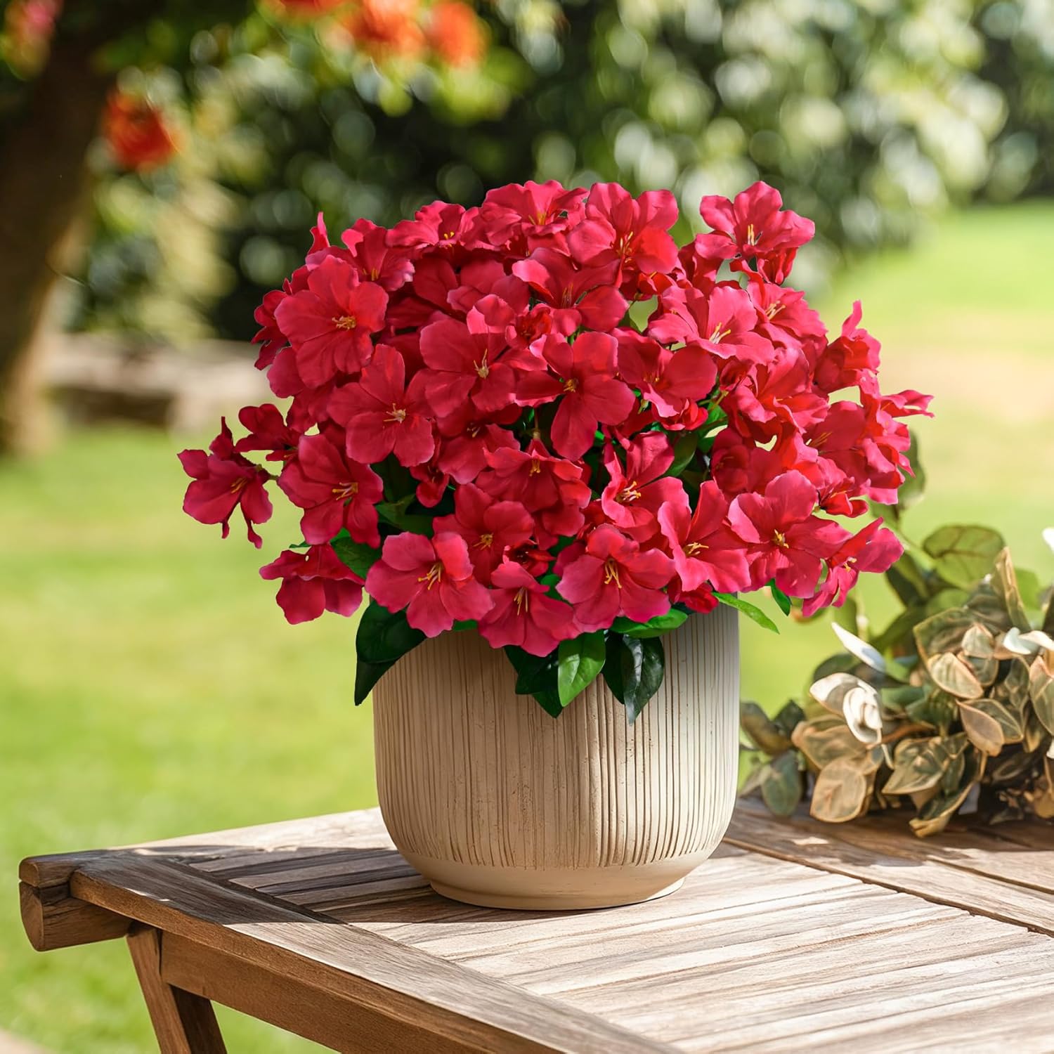 Artificial Azalea Flowers for Outdoors 4 Bundles Fake Silk Azalea Bouquet Faux Flower Plants Realistic Fake Flowers for Planter Front Door Patio Garden Box Balcony Walkway Home Decor (Rose Red)