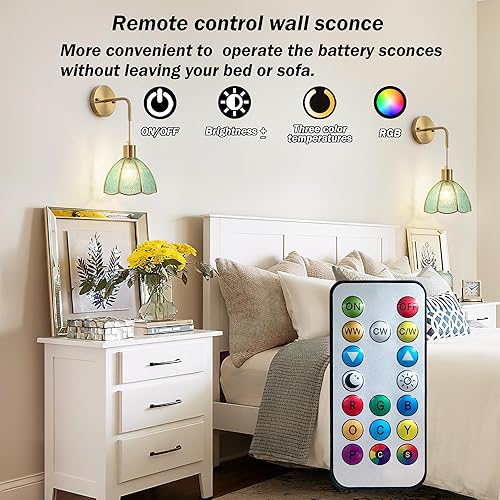 Miniatura 5 de Juego de dos apliques de pared a pilas, para interiores, no cableados, con control remoto, cambio de color RGB regulable, lámpara de pared para