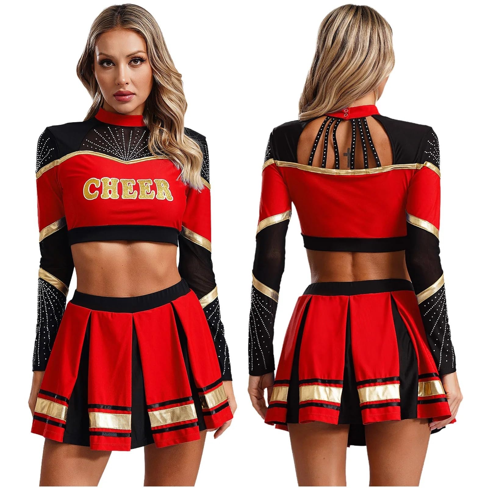 Cheerleader Kostüme 2-teiliges Cheerleading-Kostüm for Damen, Cheerleader-Tanz-Outfits, langärmelig, Pailletten, Bauchfreies Top mit Faltenrock, Set, Cheer-Uniform