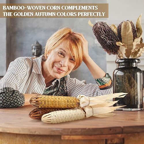 Miniatura 5 de Weysat 3 piezas de adorno de maíz falso de Acción de Gracias de otoño, cosecha de otoño, decoración rústica de granja, hecho a mano, maíz tejido de