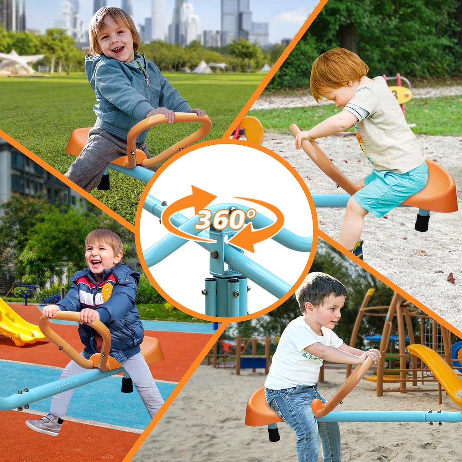360 Degree Rotation Seesaw Swivel Teeter-Totter, 2/3/4 Seats Sit and Spin Outdoor Playground Equipment (Orange & Blue)