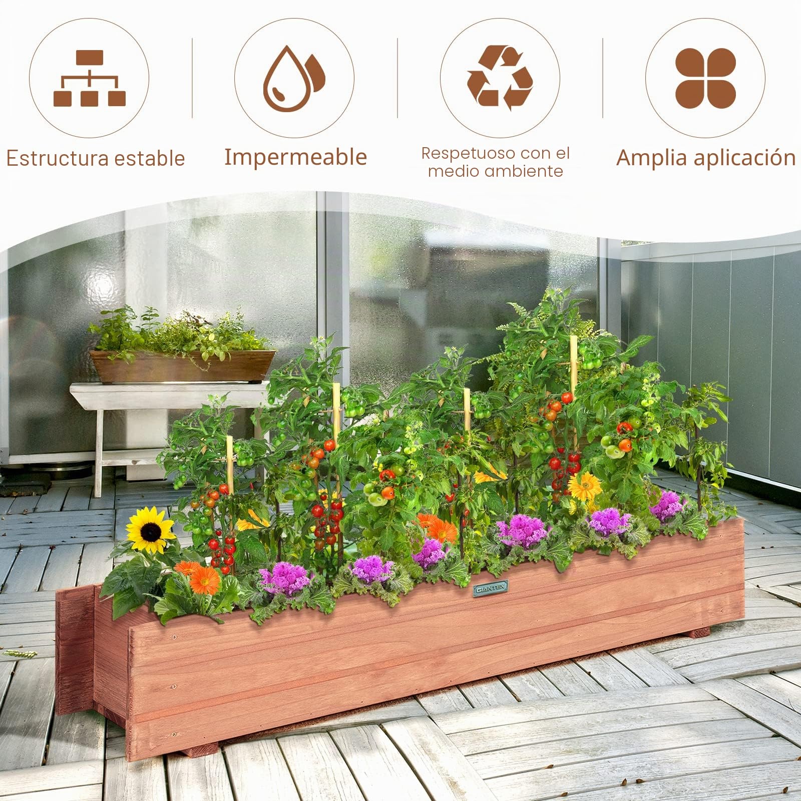 GOPLUS Jardinera de madera, jardinera con 2 agujeros de drenaje, jardinera para jardín y balcón, 91,5 x 18 x 16 cm