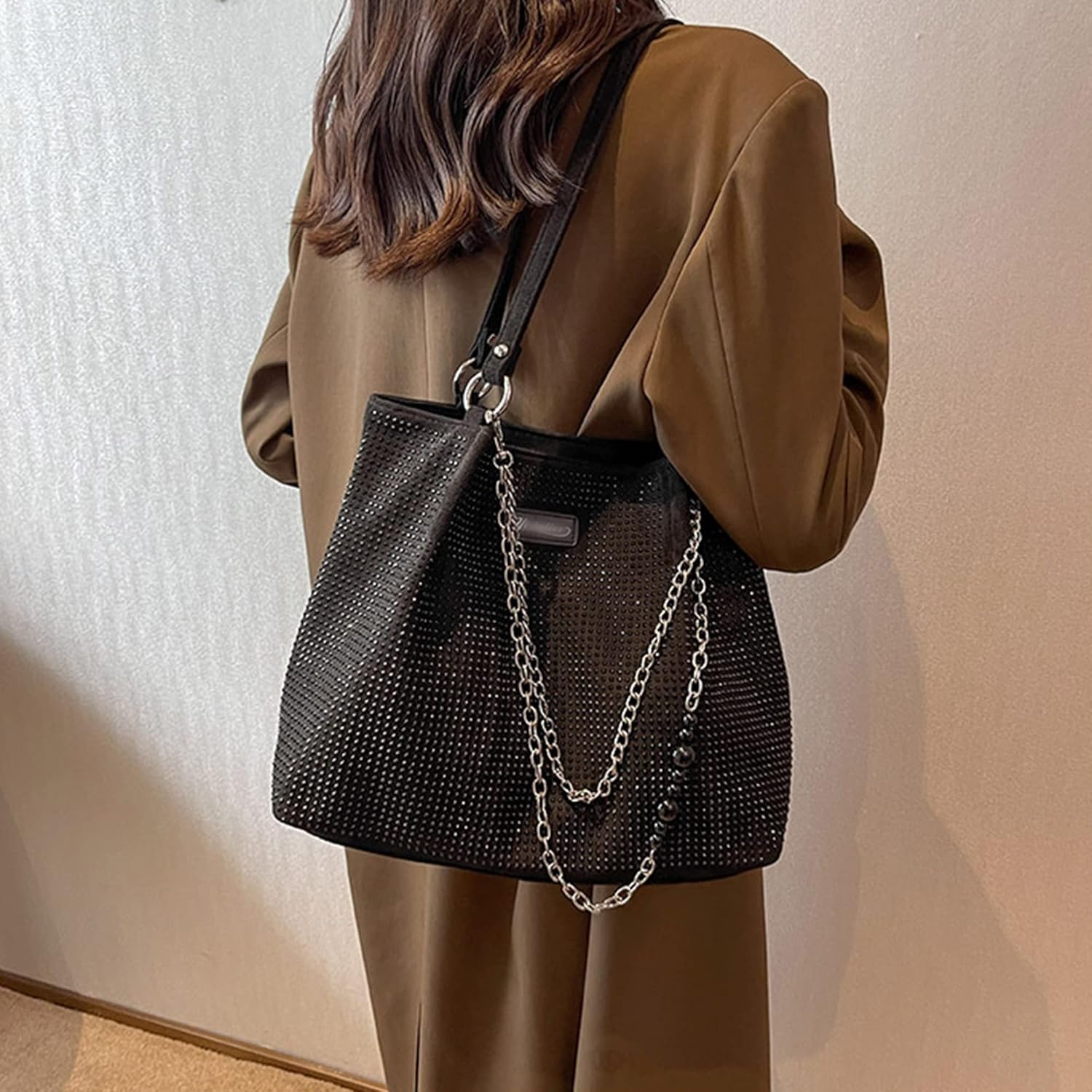 Womens Rhinestones Shoulder Tote Bag Faux Suede Crystal Glitter Handbag Top Handle with Chains Underarm Satchel - Image 2