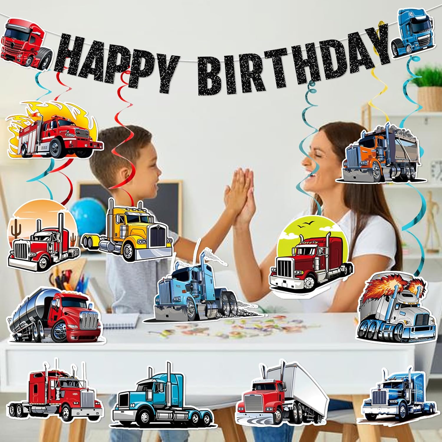 Semi Truck Birthday Party Decorations Truck Birthday Decorations with Construction Banner Hanging Swirls Sticker for Transportation Party Decor