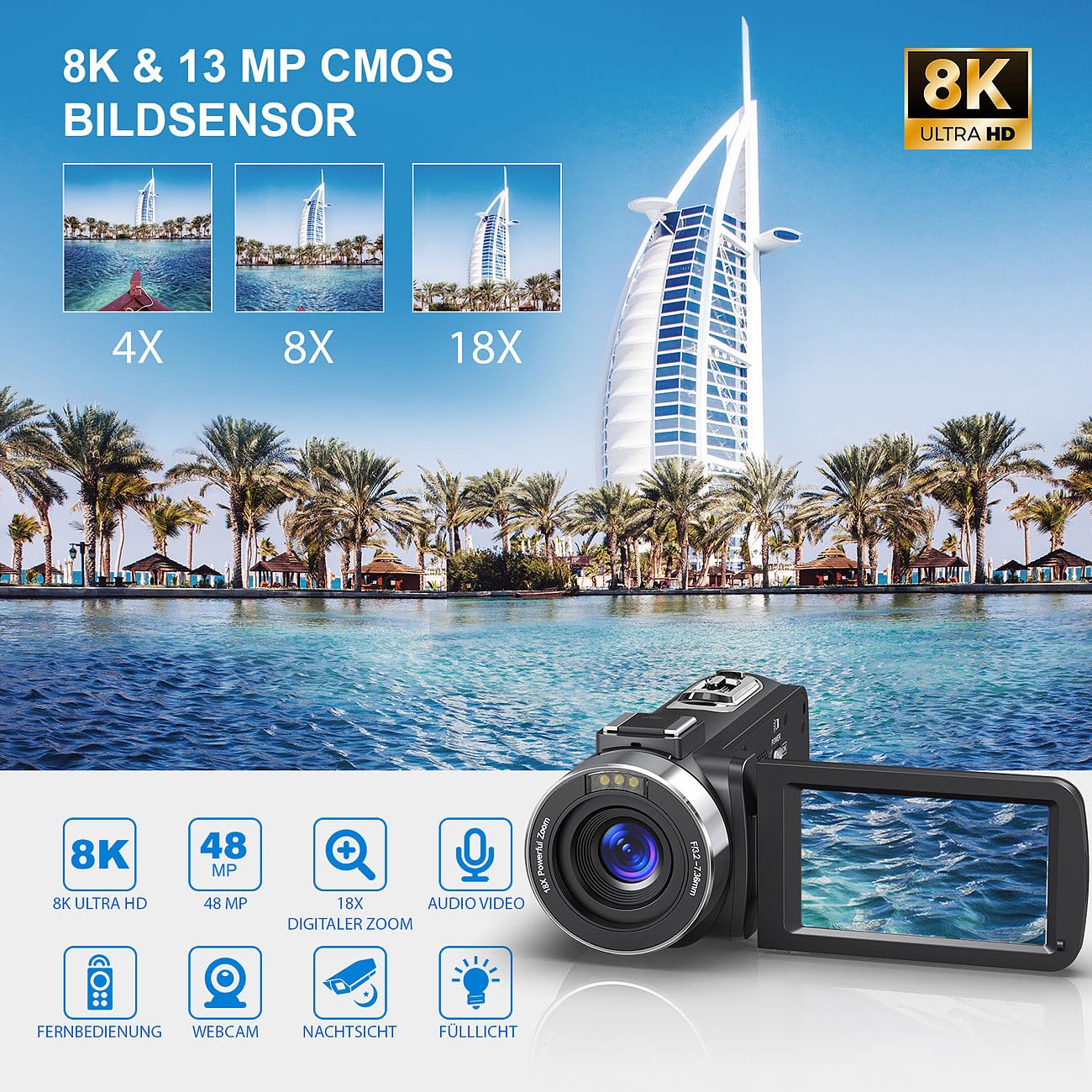 Somikon Videokamera: 8K-UHD-WLAN-Camcorder, IPS-Touchdisplay, 48 MP, 18-facher Zoom, App (8K Kamera, Videocamera, Nachtsichtgerät)