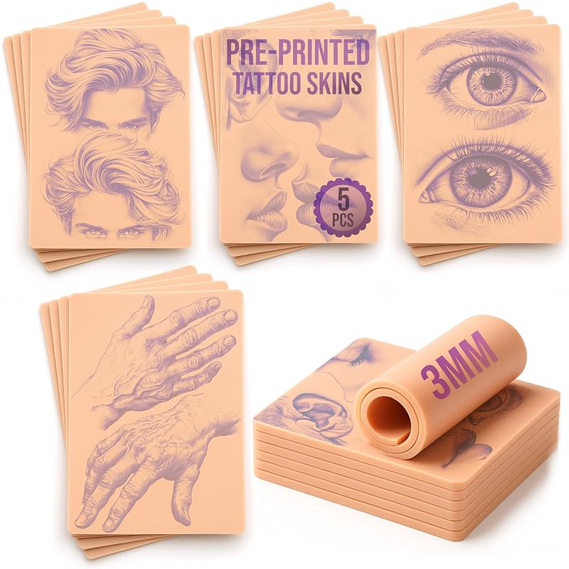Stencil Skins 5 Peles Sintéticas Pré-impressas para Prática de Tatuagem, Retratos, Extra Soft, 3 mm, com Tutorial