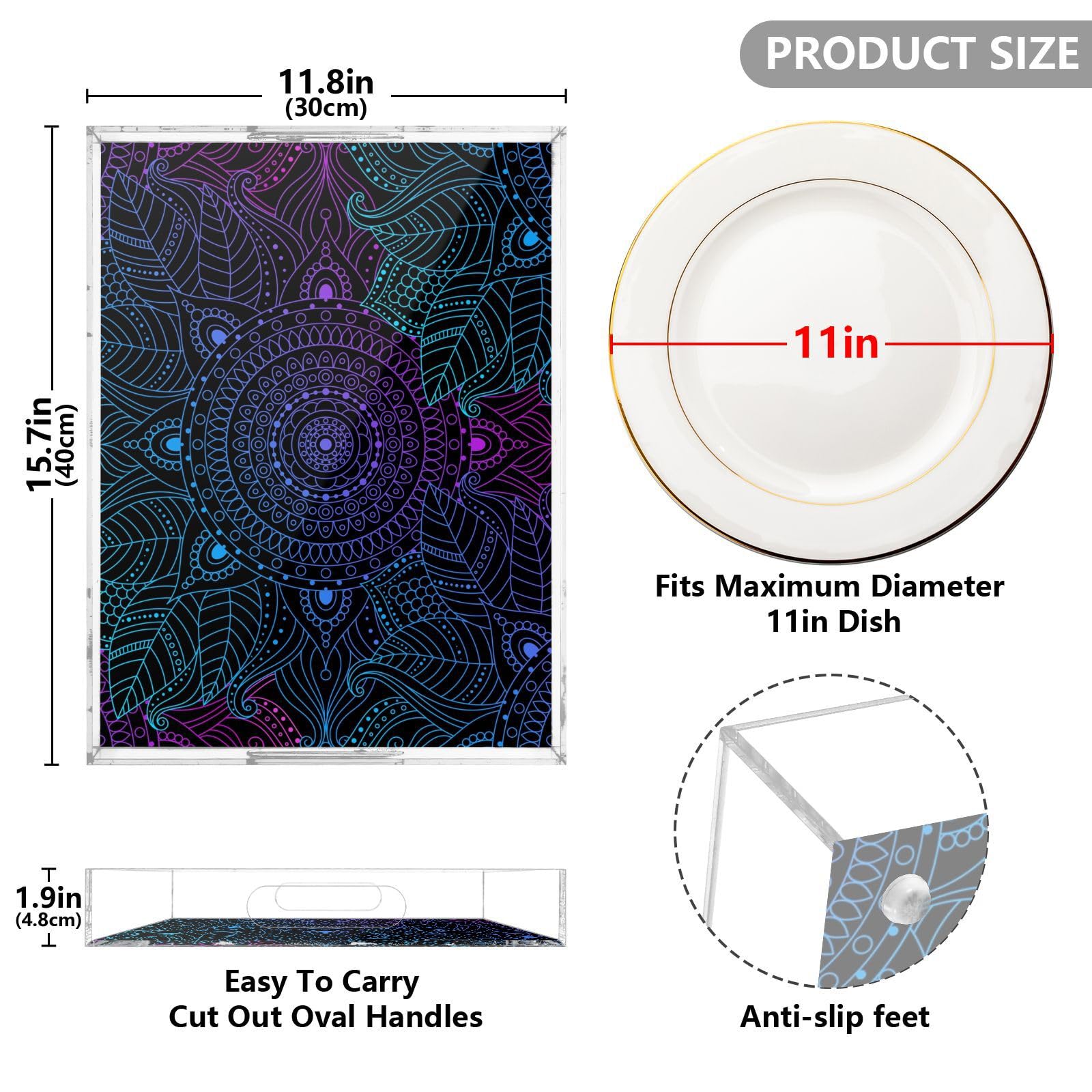 Mandala Boho Ethnic Bohemian - Bandejas transparentes con asas, bandeja de desayuno transparente, impermeable, de acrílico, para servir, 40,6 x 30,5 cm