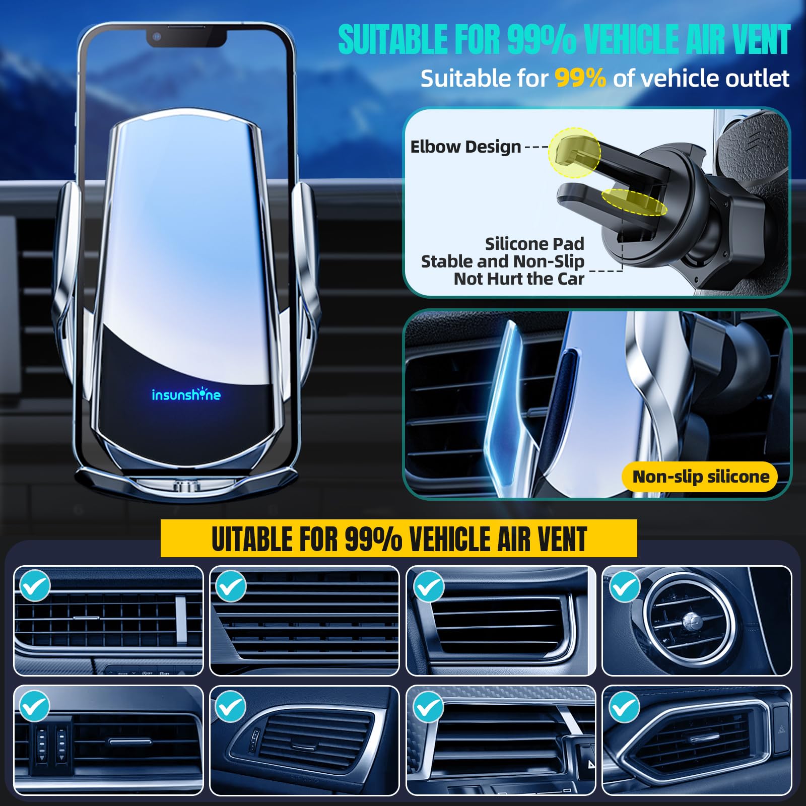Chargeur de voiture sans fil, max 15 W, charge rapide, pince automatique, support de téléphone de détection, compatible avec iPhone 16, 15, 14, 13, 12 Pro Max, Xs X, Samsung Galaxy S24