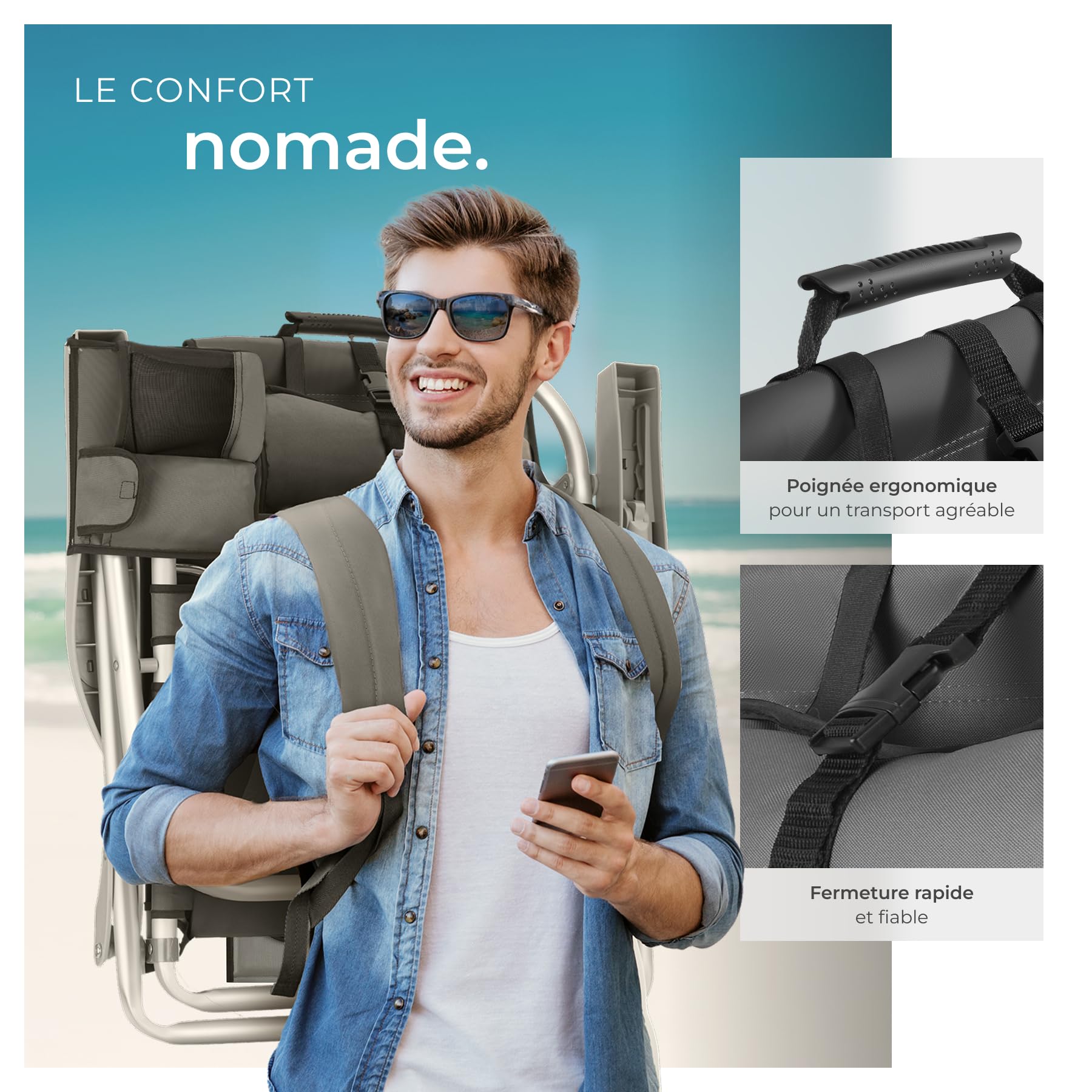 tectake® Chaise pliante Chaise Plage Fauteuil Camping, Cadre en Aluminium inoxydable, Dossier réglable 5 positions avec Appuie-tête Porte gobelet Sac isotherme intégré Accessoire plage Voyage Festival