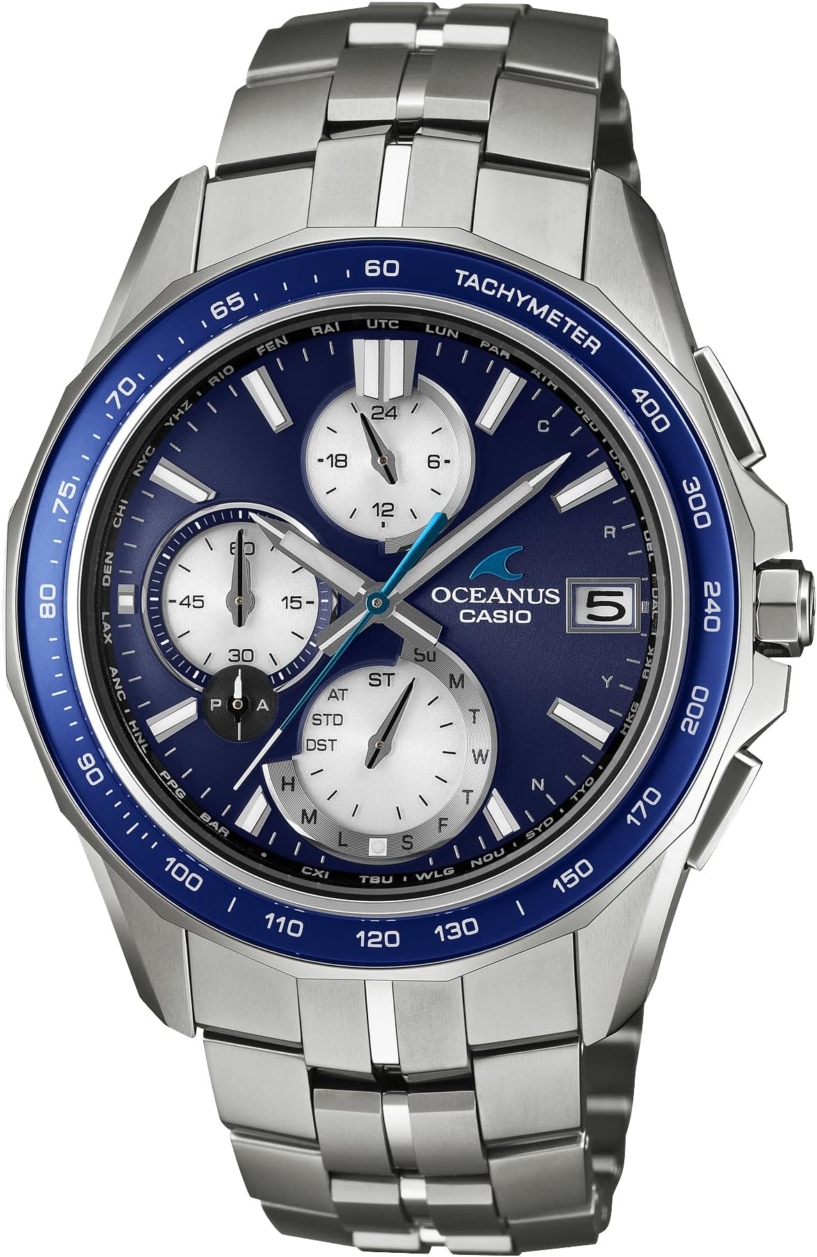 Casio OCW-S7000 Oceanus Wristwatch, Manta Bluetooth, Radio-controlled Solar, Sapphire Glass Bezel, Blue/White Dial, Bracelet Type