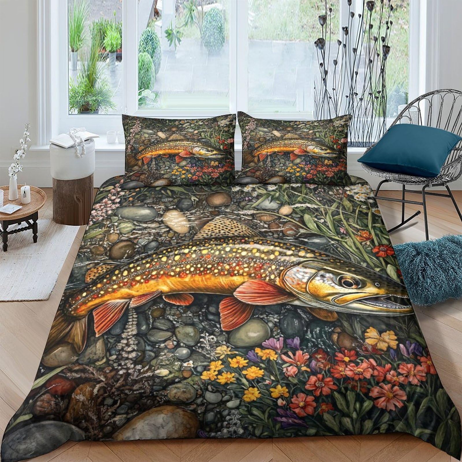 Ctjqhvkz Style-3 3D Printed Underwater Fish Fitted Sheet Microfiber Soft Nature Stream Bed Cover For Bedroom Dorm Mattress Protection Single（135X200cm）