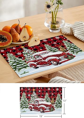 Miniatura 6 de Juego de 6 manteles individuales de camión rojo nevado con caminos de mesa de 70 pulgadas de largo, manteles individuales de lino y algodón, juego