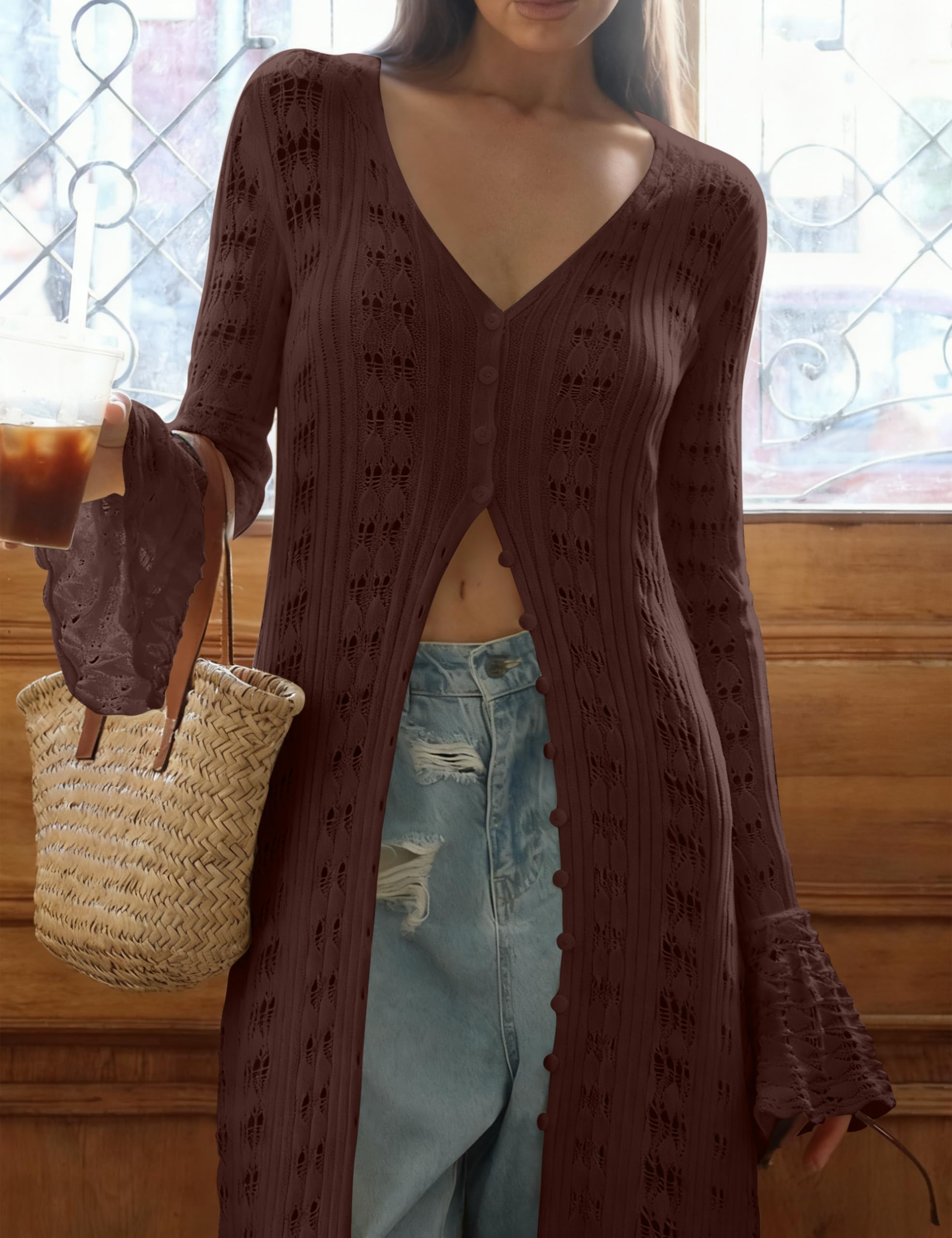 Cardigan pour femme, tendance, léger, en crochet, long plumeau, boutonné, cloche, manches longues, robe longue à volants en tricot