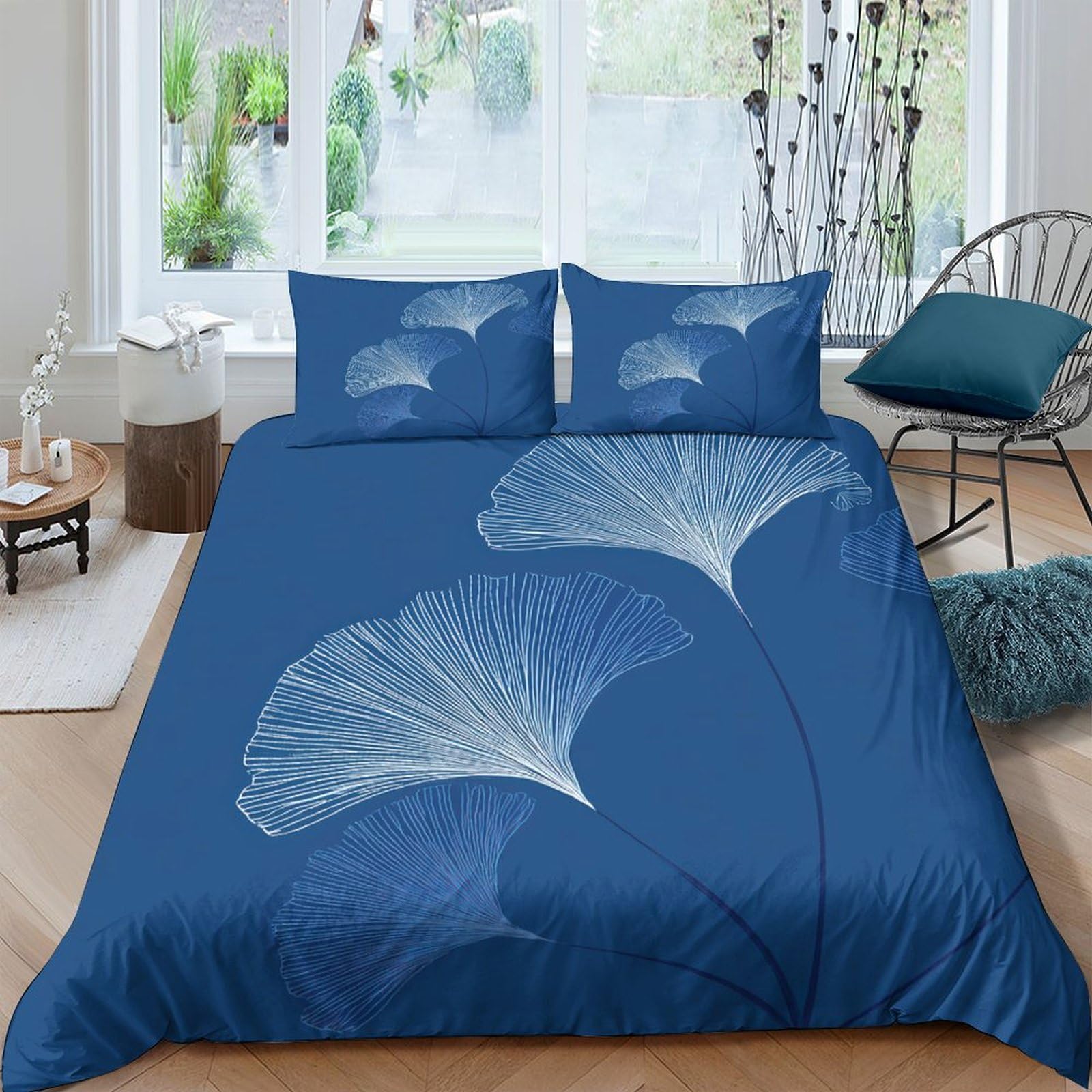 Ctjqhvkz Style-5 3D Printed Blue Ginkgo Leaf Fitted Sheet Microfiber Soft Anti-Slip White Botanical Bed Cover For Bedroom Guest Room Mattress Protection Single（135X200cm）
