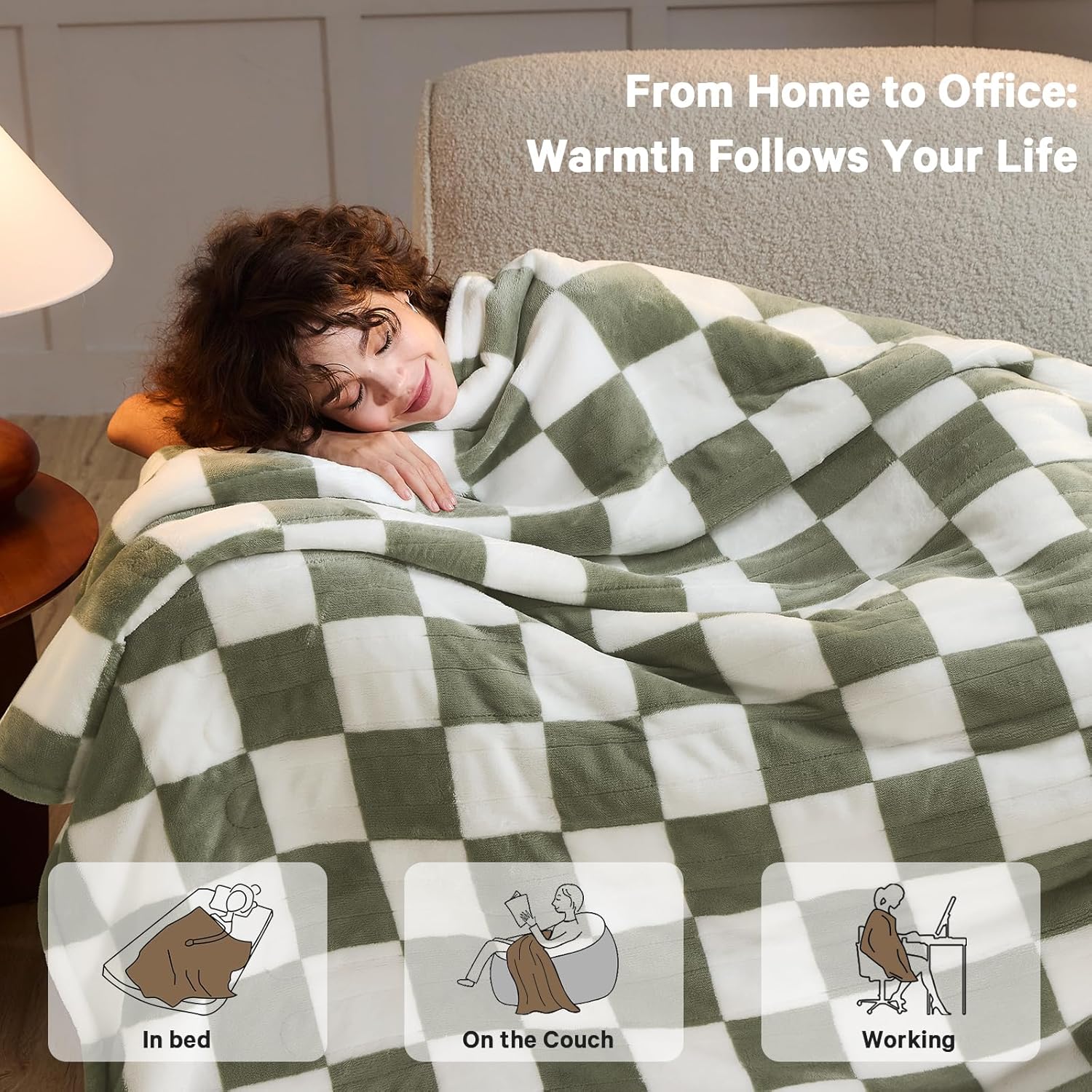 Sage Green Heated Throw Blanket Electric, 50X60 Heating Blanket with 10 Heat Levels & 8 Hours Auto Off for Lap, Checkered Plaid Soft Sherpa Blankets Warmer Gifts for Couch Grandma Women Adults - Image 8