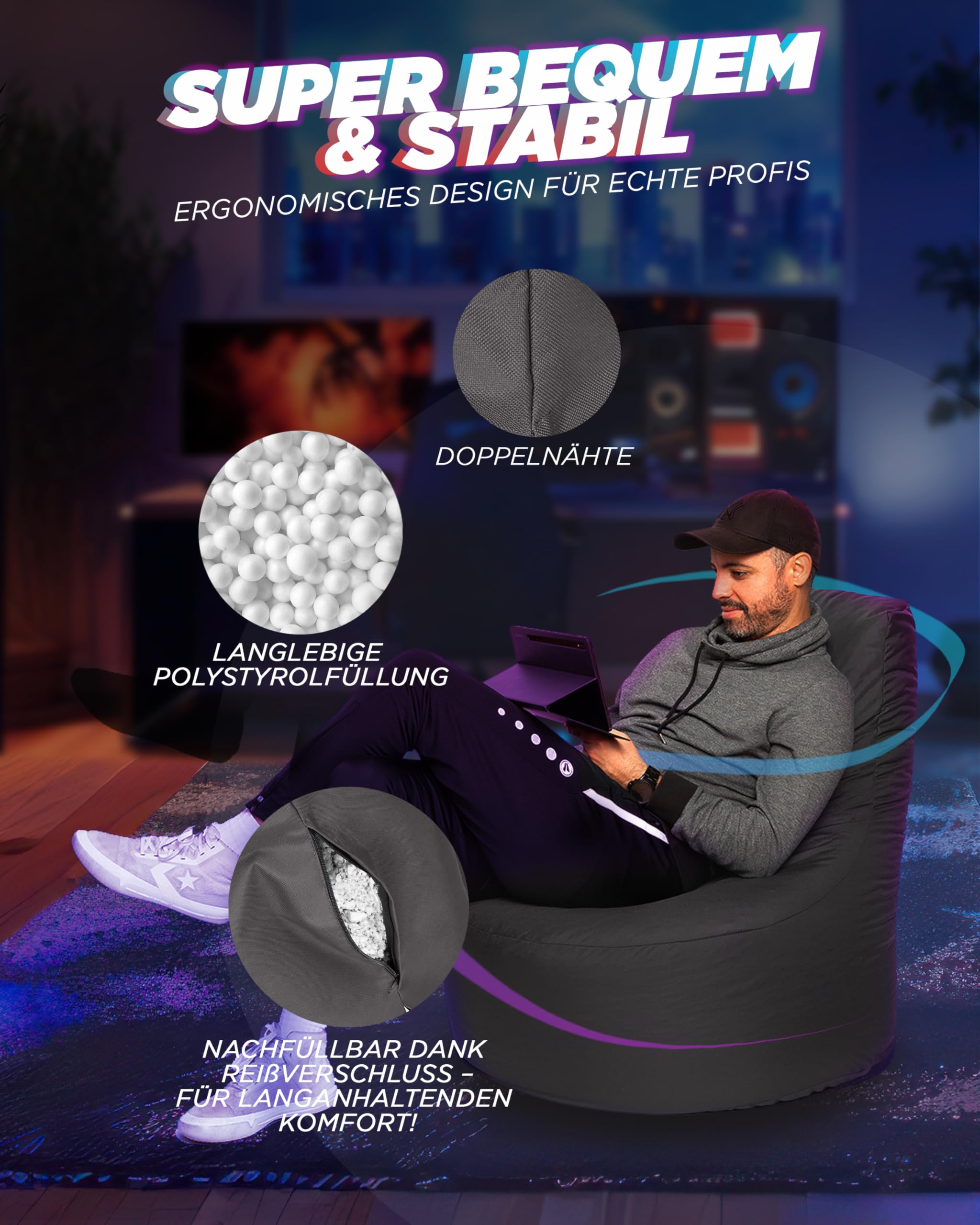 PATCH HOME Gamer Kissen & Lounge Sitzsack – befüllbar mit Reißverschluss, gefüllt mit Styropor, geeignet für In- & Outdoor. Perfekt als Gaming Sessel Sitzkissen (Anthrazit - Ø 80cm x Höhe 90cm)