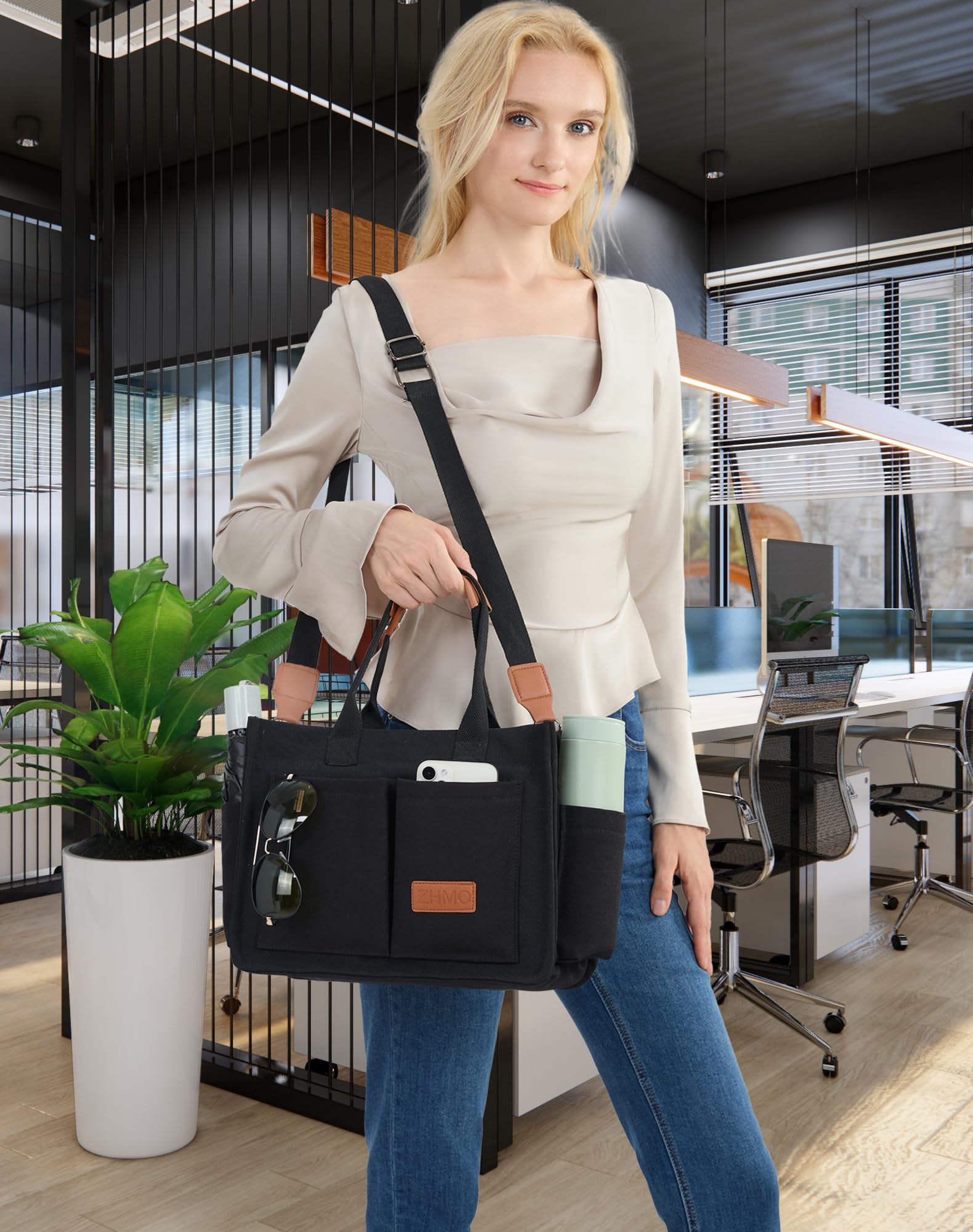 ZHMO Borsa a tracolla in tela con tasche, borsa a tracolla da donna, borsa per computer portatile, borsa a tracolla per scuola, fine settimana, drogheria