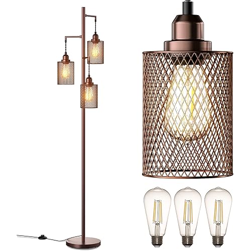 addlon Floor Lamp Industrial Farmhouse and Rustic for Living Rooms 3 Cage Heads Lights with Edison LED Bulbs Standing Tall Vintage Tree Lamps for Bedroom Office - Brown